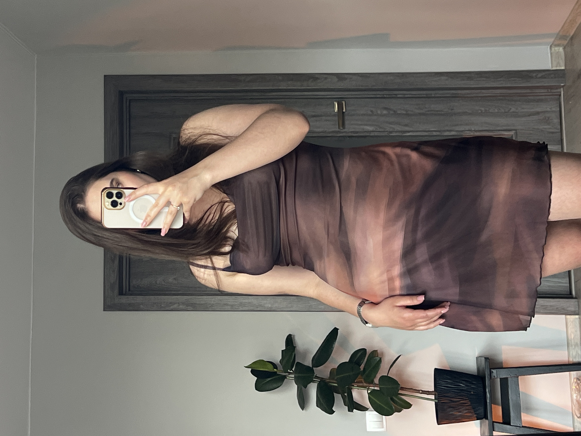 A woman is taking a selfie in front of a mirror. She is wearing a short, brown, sheer dress. She holds a cell phone in her left hand and obscures her face. The background shows a dark grey door with metal hardware and a grey wall. A potted plant sits in front of a wooden table with a decorative item. The location is possibly in a private residence. There is no indication that the location is Ternopil, Ukraine.