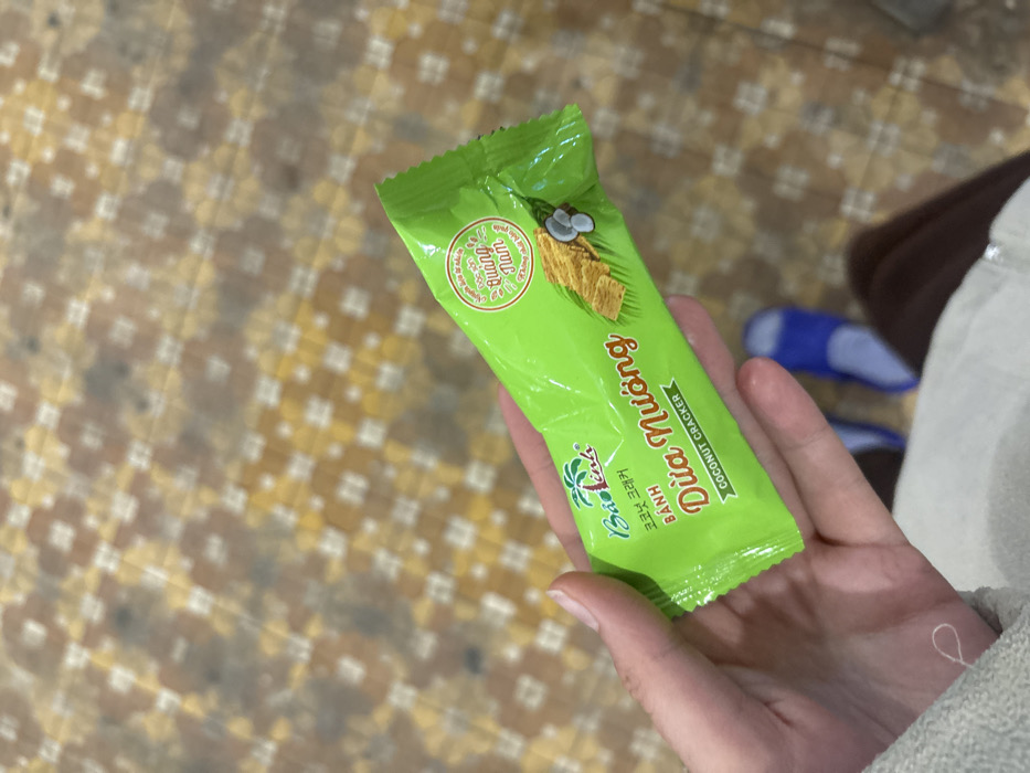 The scene is documented in Nam Hải Lăng Commune, Vietnam. A fair-skinned left hand occupies the central and lower-left portion of the frame, holding a bright green foil package horizontally. The hand's fingers wrap around the package, with the thumb positioned on top. The lower-left edge of a light grey, possibly fabric or towel, material is visible beneath the hand.
The package is a "Bảo Linh" brand "Coconut Cracker" ("BÁNH DỪA NƯỚNG" in Vietnamese and "코코넛 크래커" in Korean). The front of the package features a stylized palm tree logo, product text in white and yellow, and an illustration of light brown rectangular crackers alongside two halves of a coconut with white flesh. A circular green seal or sticker on the upper right of the package contains Vietnamese text, partially legible as "Quảng Nam," indicating a product origin or association with Quảng Nam province.
The background consists of a tiled floor exhibiting a repeating mosaic pattern composed of small squares in shades of brown, beige, and yellow. Below the package and hand, blurred in the mid-ground, a pair of blue open-toed sandals or slippers is visible, with a dark brown fabric (likely clothing or part of a leg) partially obscuring one of the sandals.