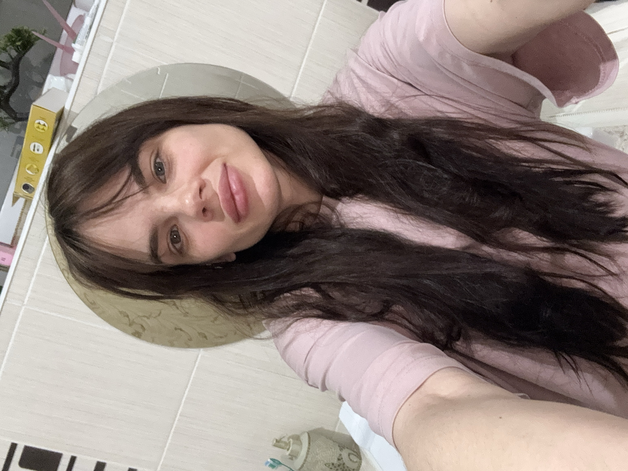 A selfie captures a young woman with long, dark brown hair and light eyes, wearing a light pink t-shirt. She looks directly at the camera with a subtle smile or smirk. The setting appears to be an indoor bathroom, characterized by light beige tiled walls and a black and white tiled border at the bottom.
Notable objects include a yellow box with circular symbols on a shelf to the left, and a small decorative plant or bonsai beside it. Behind the woman's head, a round object with a patterned surface is visible, possibly a mirror or decorative plate. In the lower right corner, a patterned bottle, likely a soap dispenser, and a toothbrush are visible. The woman is engaged in the activity of taking a self-portrait. The scene's lighting suggests an indoor environment. The provided context indicates the location is Rostov-on-Don, Russia.