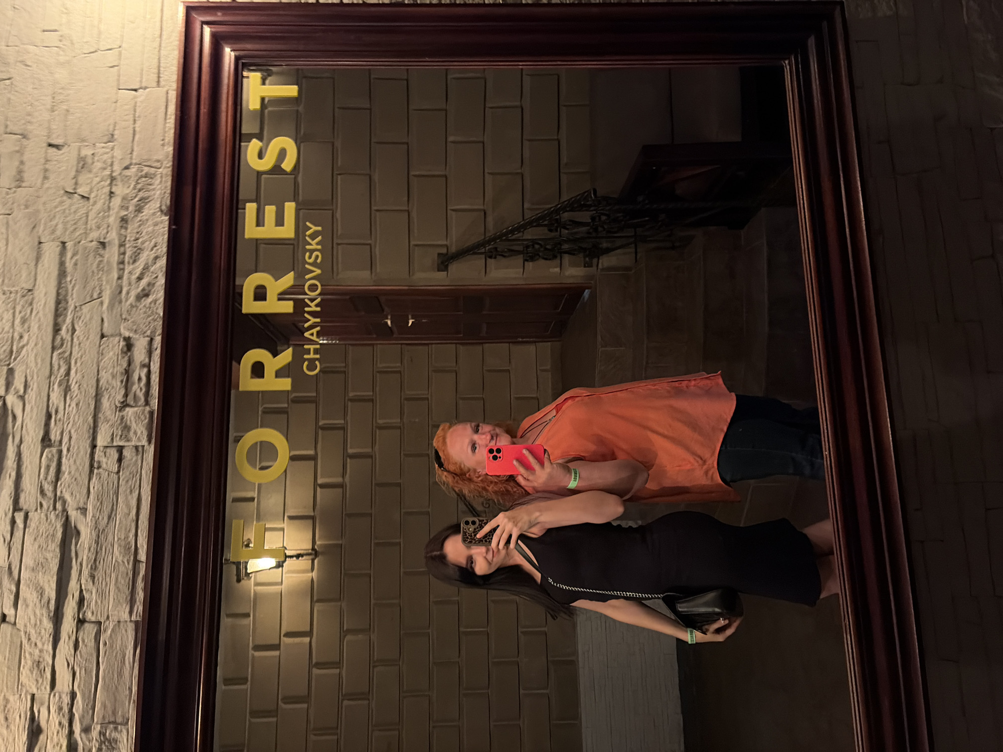 Two women are reflected in a mirror with a dark wood frame. In gold lettering above the reflection are the words "FORREST CHAYKOVSKY." The wall on the left has a white brick pattern. The background visible in the mirror shows a stairwell with decorative ironwork. The woman on top is wearing an orange shirt and holding a pink phone. The woman on the bottom is wearing a black dress and holding a black phone. They appear to be taking a photo in front of the mirror.