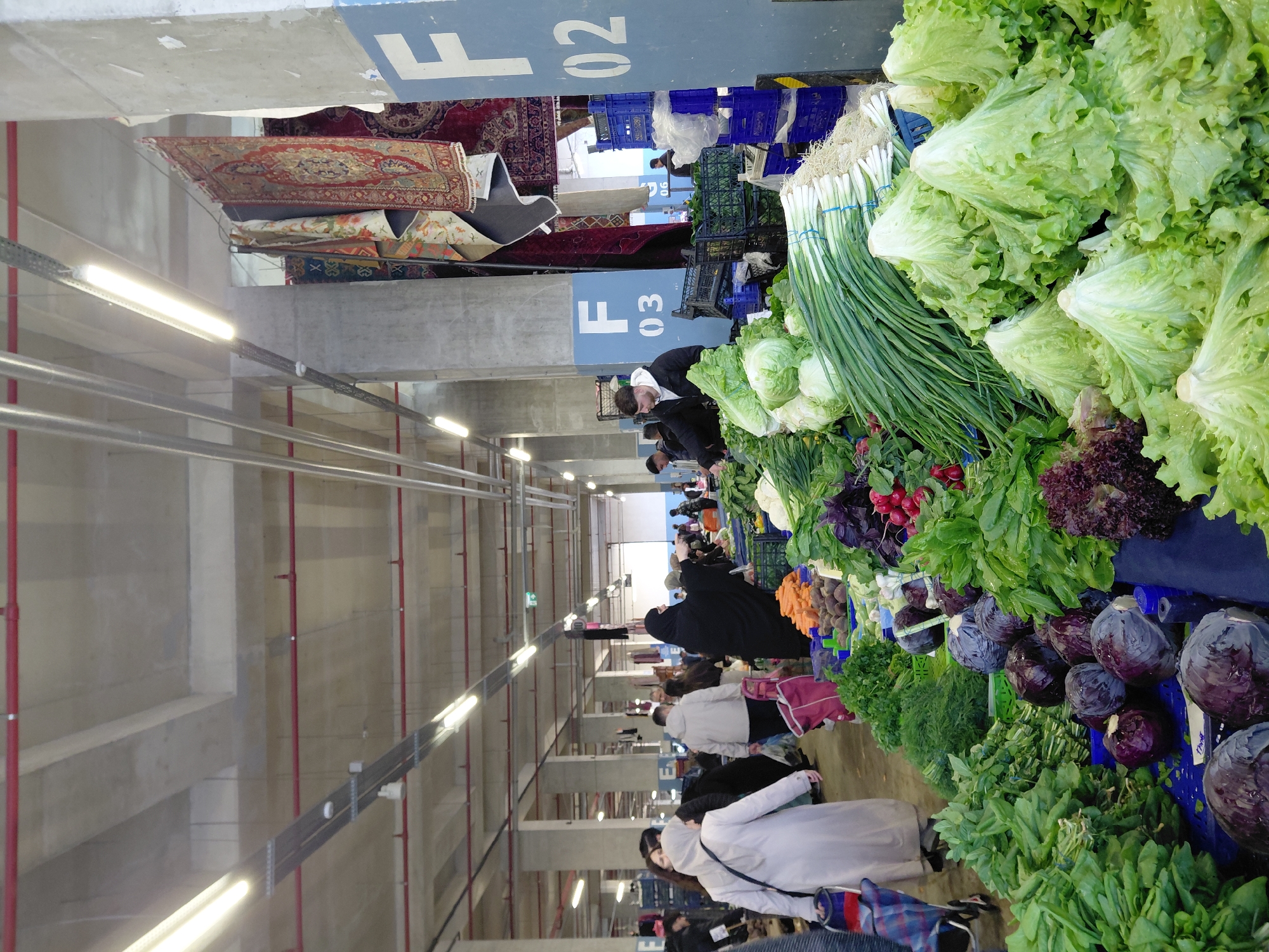 This image captures a vibrant indoor market scene, likely a fresh produce market, bustling with people. The perspective looks down a long aisle, with stalls lining the right side of the frame.
The primary subjects are numerous market-goers and vendors, most actively engaged in shopping or selling. Many individuals are seen examining the fresh produce, while others move through the aisle. Several people wear head coverings.
The stalls on the right are abundant with a wide variety of fresh vegetables, including large heads of bright green lettuce, bunches of spring onions, dark purple cabbages, radishes, spinach, and other leafy greens, all neatly displayed, often in blue plastic crates.
The market setting is characterized by its utilitarian architecture, featuring large concrete pillars and ceiling. Bright fluorescent strip lights illuminate the entire space, and red fire suppression pipes run along the ceiling and walls. On the left side of the aisle, numerous ornate, rolled, and displayed carpets are visible, some hanging from above, suggesting a separate section for textiles or a mixed-goods market.
The activity taking place is a typical market day, with people browsing, selecting, and purchasing goods. The atmosphere appears busy and purposeful.
Notable details include the visible text "F 02" and "F 03" on blue sections of the concrete ceiling, likely serving as section or aisle markers within the market. The time of day is not discernible due to the indoor lighting, but the market appears to be in full operation. The combination of produce stalls and carpet displays gives the market a distinct character, consistent with markets found in Üsküdar, Turkey.