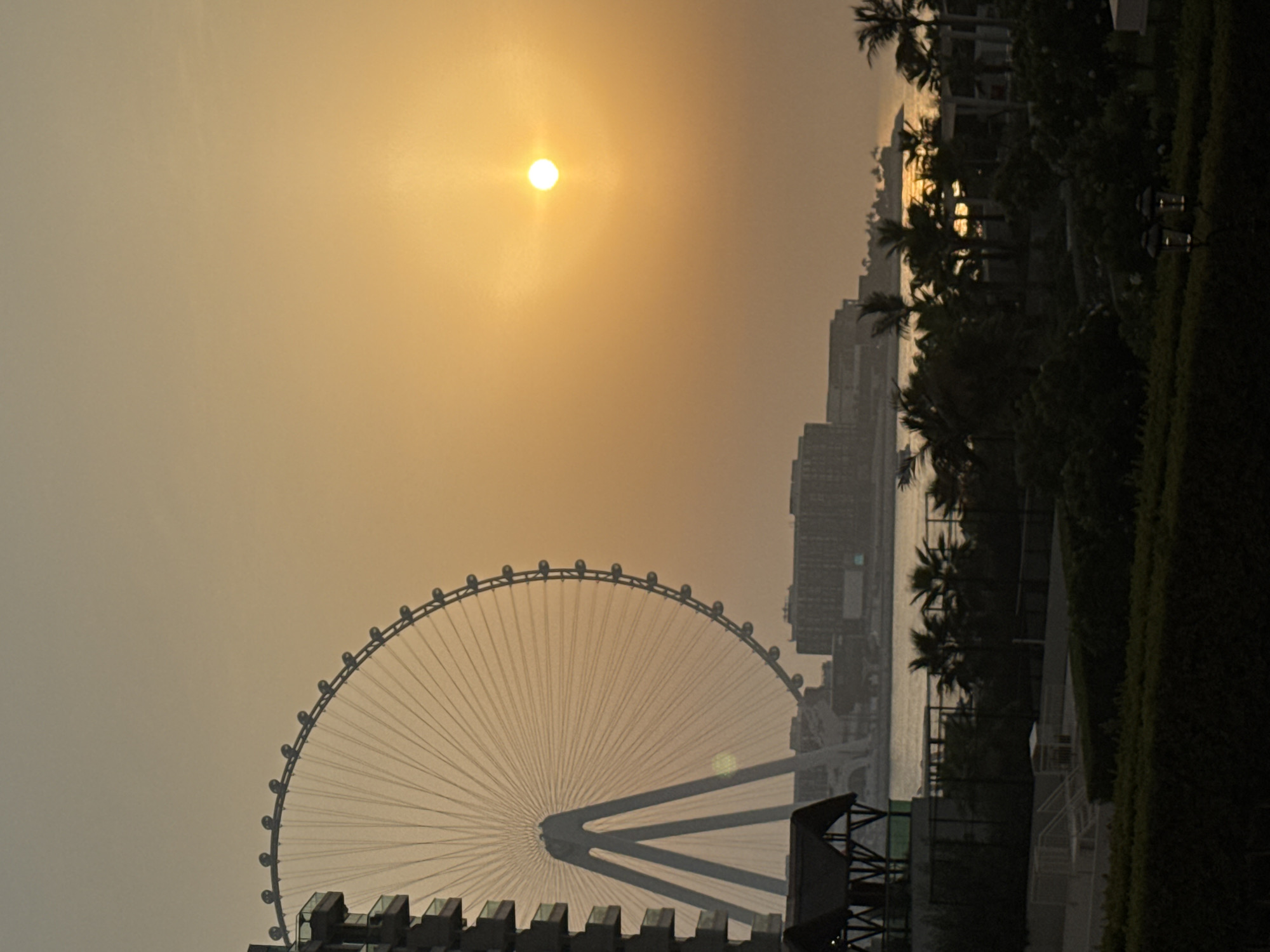 The image captures a sunset scene in Dubai, United Arab Emirates, likely from a hotel or residential building. Prominently featured is the Ain Dubai, a large Ferris wheel, on the left side of the frame. The sun, a bright orb, is setting on the right, casting a warm orange glow across the sky and the calm body of water in the middle ground. Silhouetted against the sunset are palm trees and other buildings, suggesting a coastal or waterfront location. In the foreground, there's a glimpse of lush greenery and some architectural elements like a shaded pavilion and outdoor lighting fixtures. The overall atmosphere is serene and picturesque.