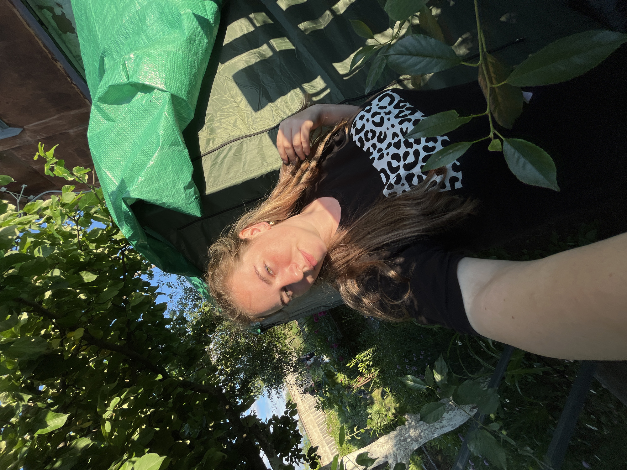 A young woman with long, light brown hair and light-colored eyes is taking a selfie outdoors in a garden. She is wearing a black t-shirt with a white and black leopard print design on the chest. She has a gold hoop earring in her left ear. The background shows lush green foliage, including trees and bushes, suggesting a natural or cultivated outdoor setting. There is also a green tarp or tent visible to the right of the woman, casting shadows. The sunlight suggests it is daytime, possibly late afternoon or early evening given the warm lighting. The presence of a fence and a building in the distance hints at a residential area. The overall scene is one of a casual, relaxed moment in a garden environment. The location is identified as Chaikovsky, Russia.