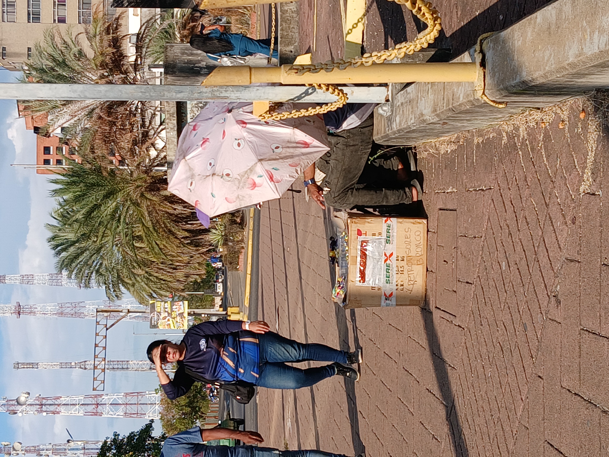 A street scene in Ciudad Guayana, Venezuela, shows two people on a brick-paved walkway. One person is standing, wearing a blue long-sleeved shirt, jeans, and a black bag, shielding their eyes with their hand. Near them, another person sits behind a cardboard box filled with small items, shaded by a pink umbrella. The box has writing in Spanish. In the background, there are transmission towers, palm trees, and buildings. A yellow metal barrier runs along the walkway.