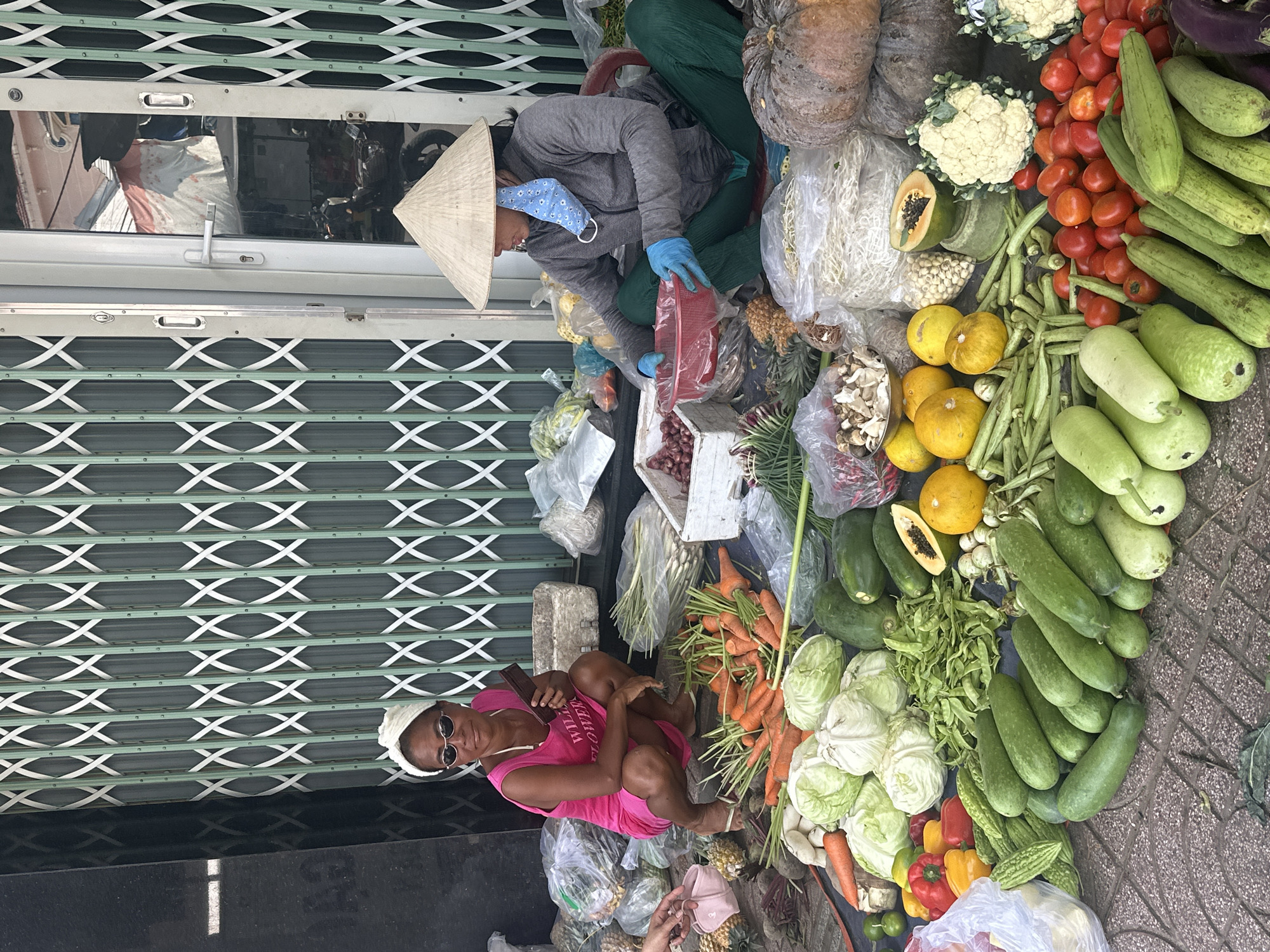 Captured in Bac Nha Trang Ward, Vietnam, the image presents a scene of local street commerce. At the upper right, a person wearing a grey jacket, a conical Asian hat, a patterned face mask, and blue gloves is squatting among various produce items, seemingly organizing or selecting. To the person's right are an assortment of vegetables and fruits including, among others, pumpkins, cauliflower, tomatoes, cucumbers, papaya, and beans. Towards the bottom left of the scene, another person is positioned, wearing a bright pink shirt, a white head covering, and sunglasses, holding a dark, rectangular object. In front of this person are items such as carrots, cabbages, and various other vegetables, strewn on the pavement. Behind both individuals, there is a closed roll-up gate. The setting suggests a roadside market with vendors displaying their goods directly on the street.