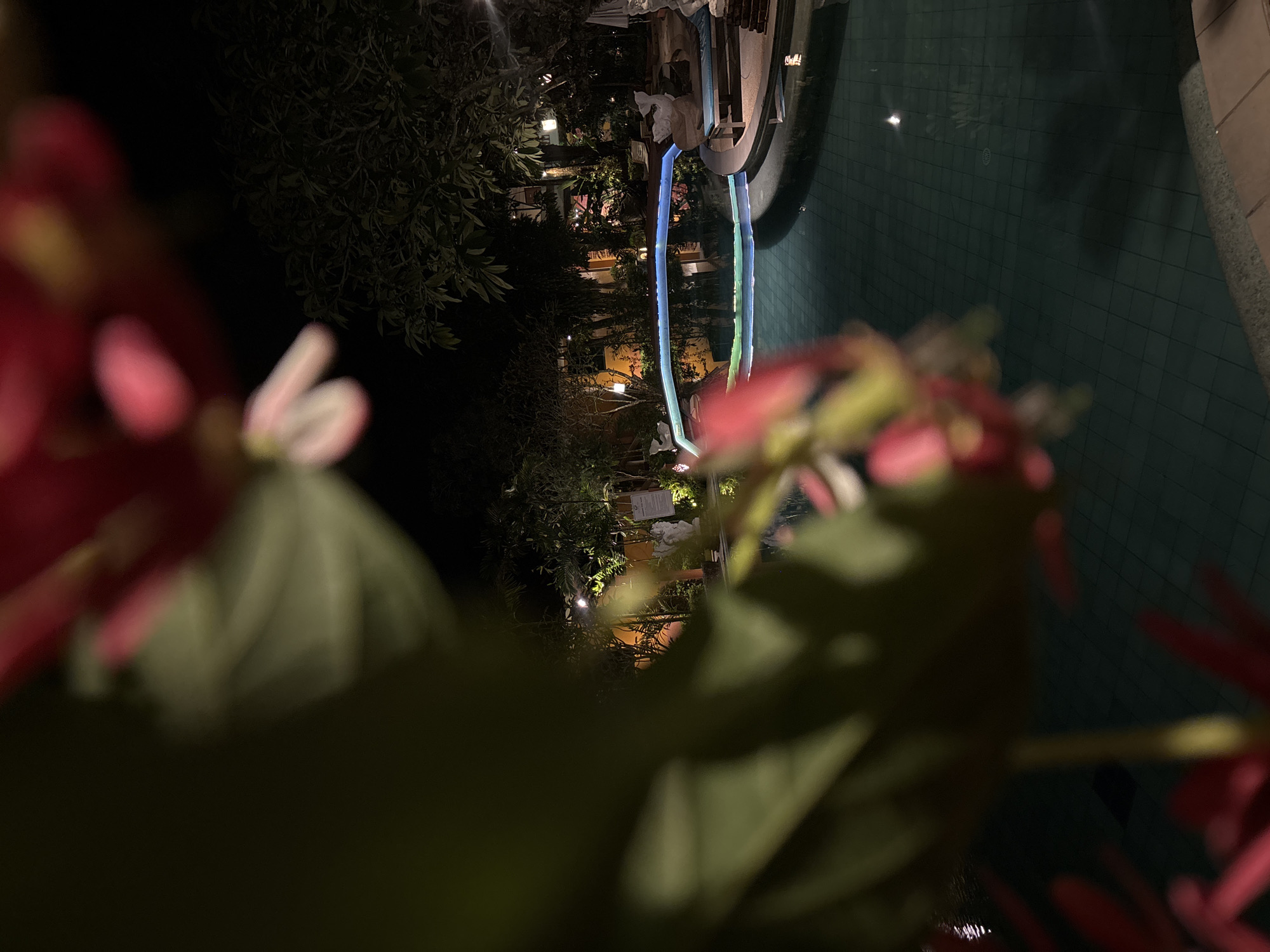 This image shows a swimming pool at night in Chalong, Thailand. The pool is illuminated with blue and green underwater lights. There are lounge chairs and umbrellas by the side of the pool. In the foreground, there are out-of-focus pink flowers and green leaves, which obscure parts of the scene. Trees and buildings with lights are visible in the background, suggesting a resort or hotel setting.