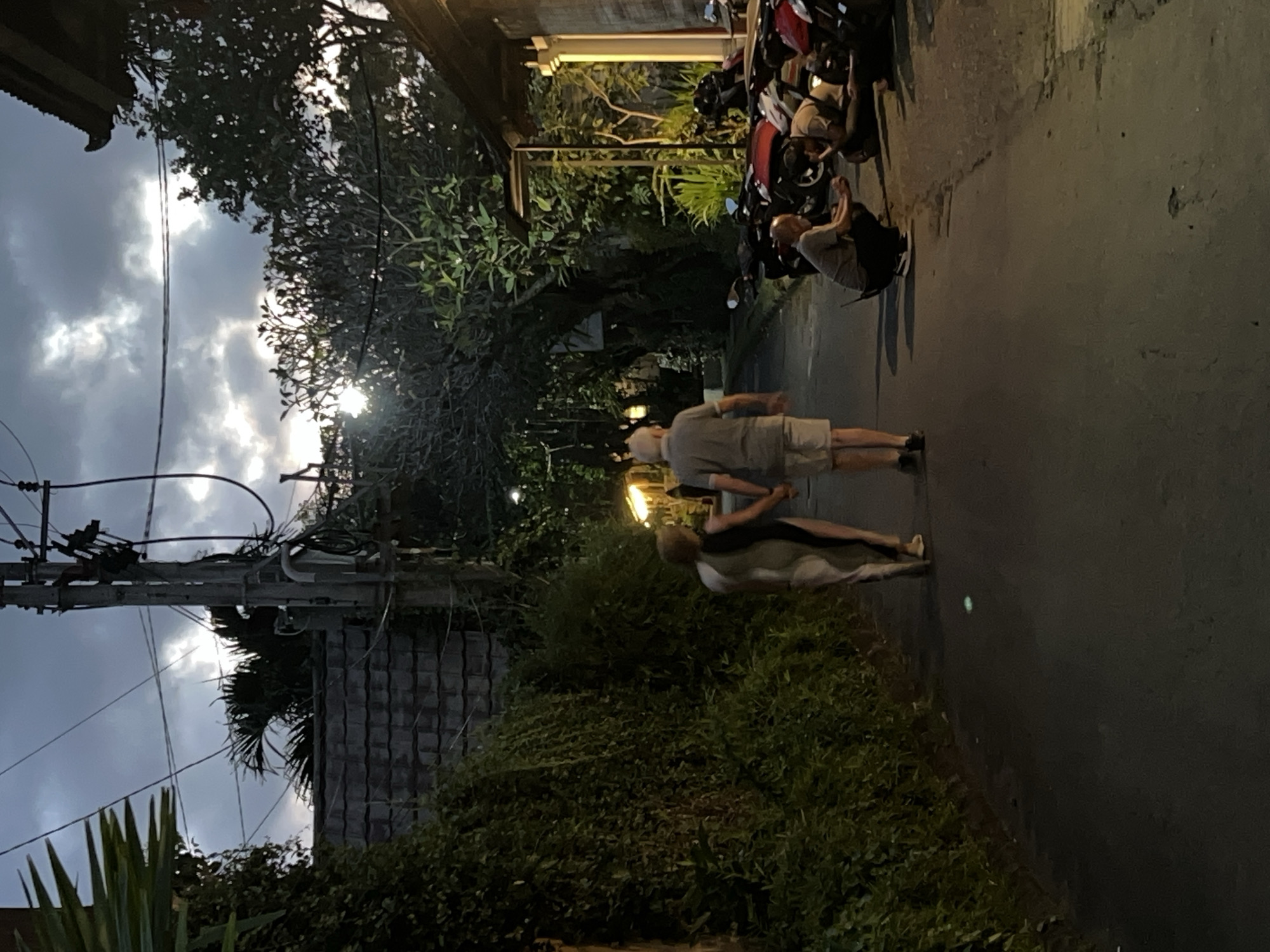 This photograph, taken in the Ubud District, Indonesia, captures a street scene at dusk. The sky is a mix of grey and cloudy, with the sun partially visible through the trees. An electrical pole and wires are visible on the left side of the frame.
A couple is walking down the street. The person in front is wearing shorts and a light-colored top, while the person behind is wearing light-colored clothes.
Motorcycles are parked to the right of the couple. Lush greenery borders the street, and a building with a tiled roof is also seen. The overall lighting is dim, contributing to the evening atmosphere.