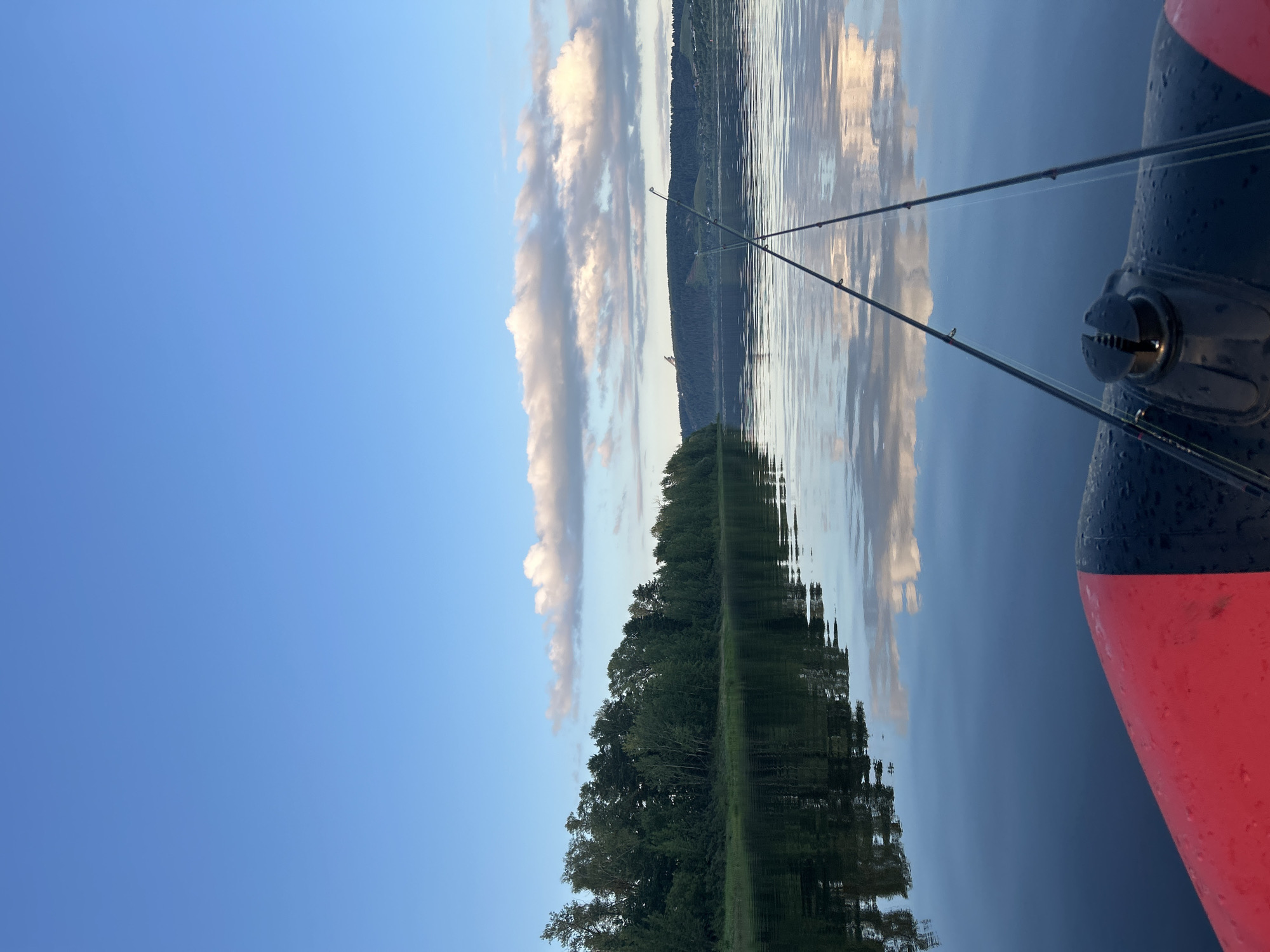 This is a vertical, low-angle shot capturing a serene scene on a body of water, likely a lake or river, near Ol'khovskoye, Russia. The image is oriented sideways, so the horizon appears as a vertical line on the left side of the frame.
The foreground is dominated by the edge of a boat, with a prominent red and black section visible on the right. Two fishing rods are set up, extending out over the water. The water itself is calm, reflecting the sky and the treeline.
The background features a dense, green treeline that stretches horizontally across the image. Behind the trees, hills are visible, and further back, a faint indication of a town or settlement can be discerned. The sky is a clear, bright blue with scattered, fluffy white clouds that are also reflected in the water. The lighting suggests it is late afternoon or early evening, with soft, diffused light.
The overall mood is peaceful and tranquil, evoking a sense of quiet leisure activity, likely fishing. There are no people visible in the image, and no text is present.