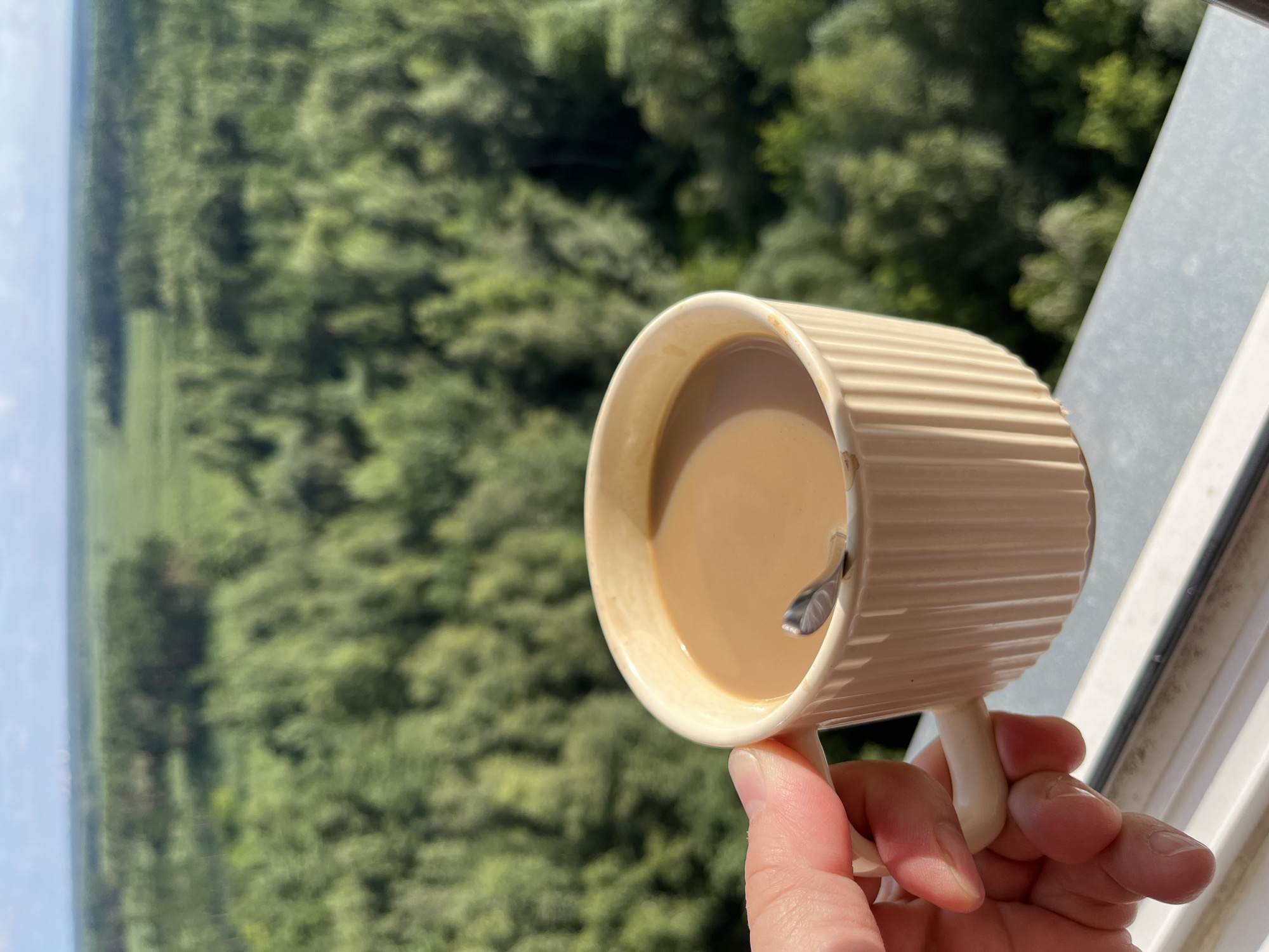 A person's hand holds a beige mug filled with a light brown liquid, likely coffee, with a silver spoon inside. The mug has a ribbed texture and a curved handle. The background is a blurred expanse of green trees under a light blue sky, suggesting an outdoor or balcony setting. The scene appears to be a moment of relaxation, possibly a morning coffee break. The location is the city of Balashikha, Russia.