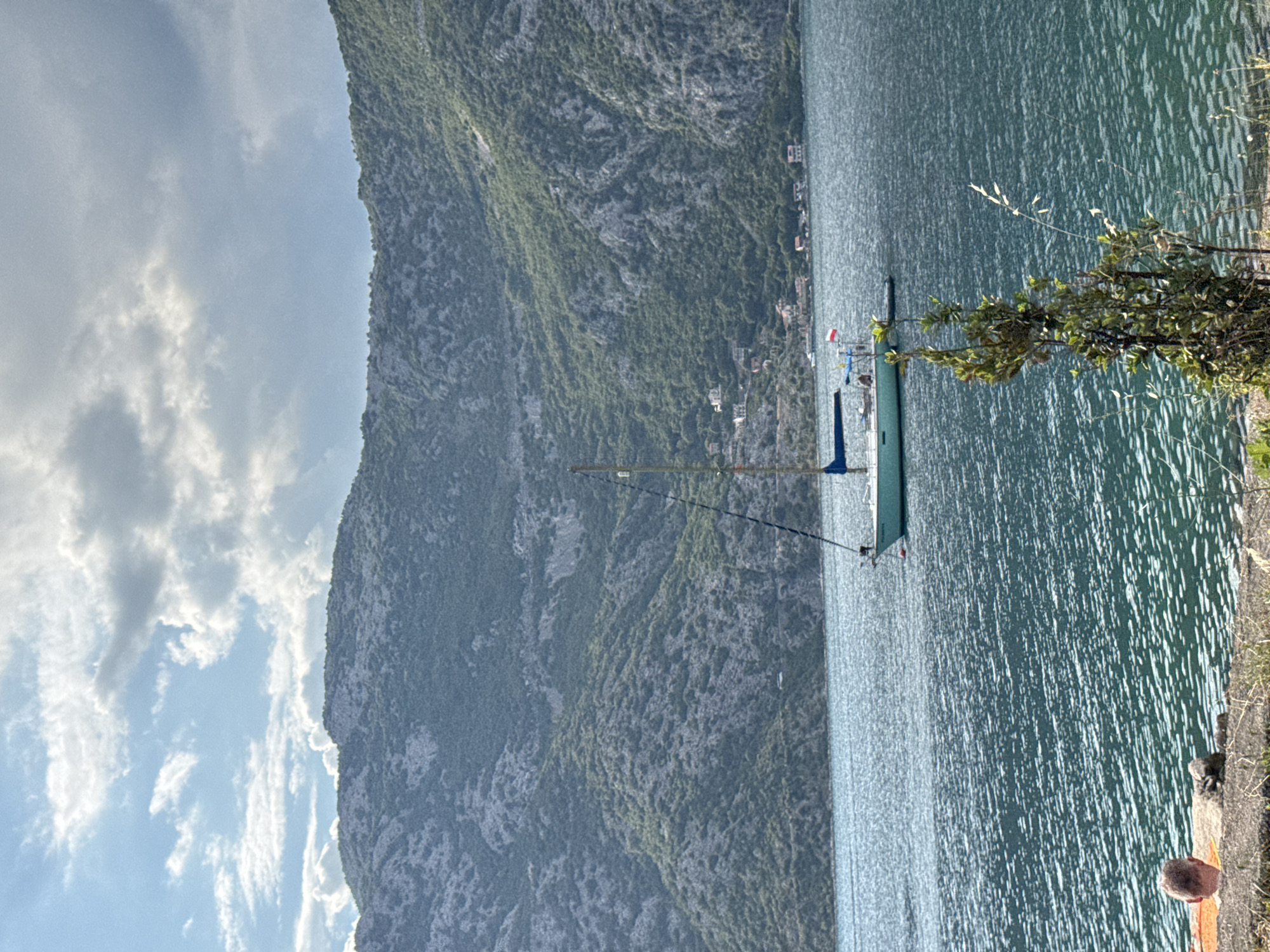 In the city of Risan, Montenegro, a sailboat with a blue sail and a white flag with a red cross floats on the calm, blue water of the bay. The sailboat is positioned in the middle ground, with a lush green, mountainous backdrop rising behind it. The slopes of the mountain are covered in dense vegetation, with scattered houses visible along the lower slopes. In the foreground, on the left side of the image, a person is seen from behind, lying on an orange towel on a stone embankment. A small, bushy green plant grows in the right foreground, with dry grass stalks interspersed. The sky above is partly cloudy, with patches of blue sky visible between the white and grey clouds. The overall scene depicts a peaceful waterscape with a prominent sailboat and a serene mountain landscape.