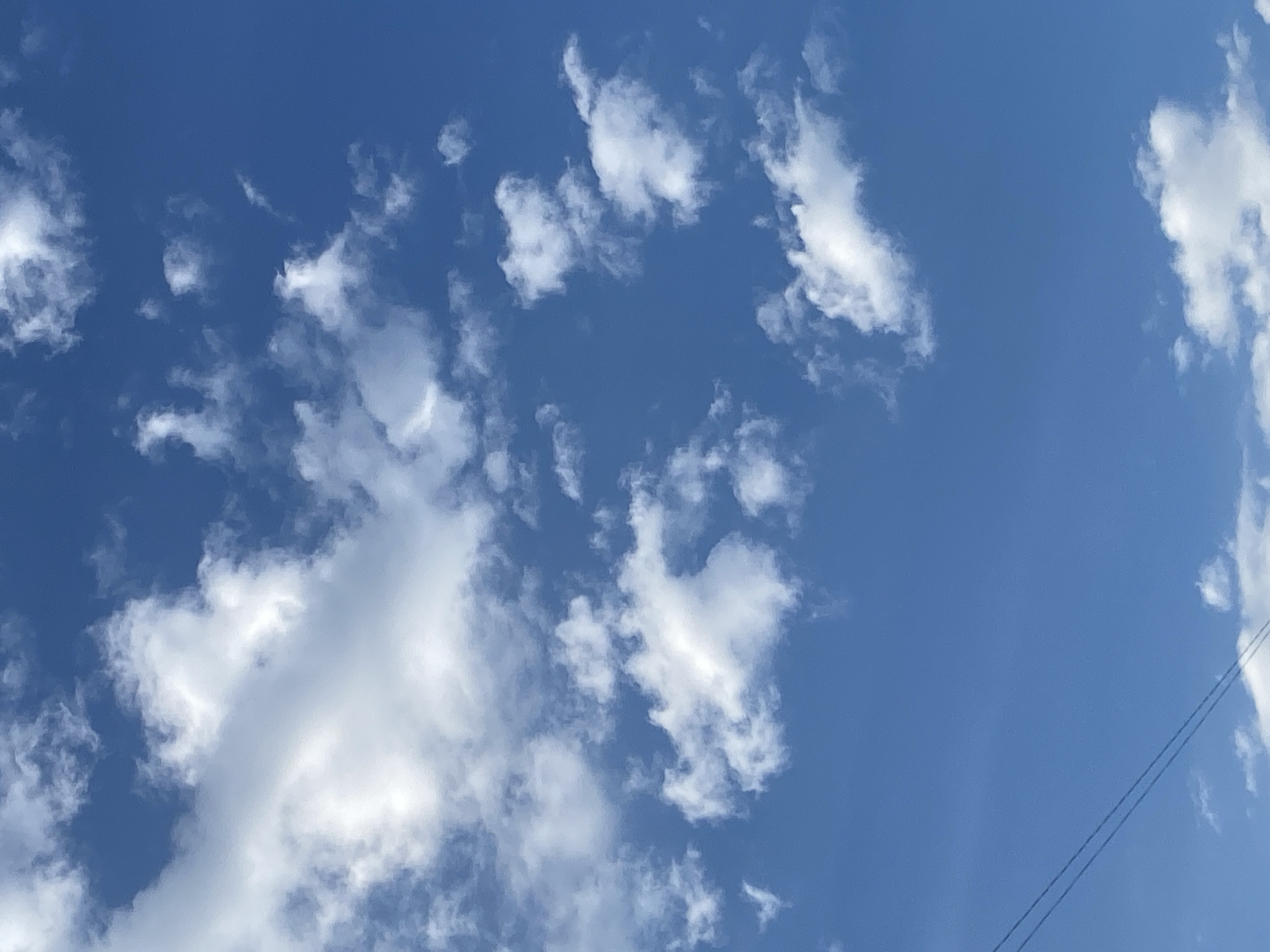 A bright, clear blue sky is visible, dotted with scattered white cumulus clouds. Two thin, dark lines, likely power lines, traverse diagonally from the bottom left corner of the frame upwards. No people, buildings, or other identifiable structures are present in the image. The scene appears to be an outdoor environment, likely in Chornomorsk, Ukraine, given the context.