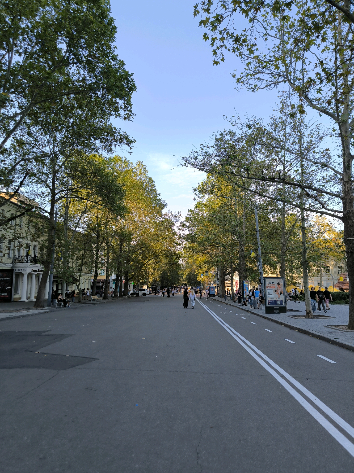 The image captures a wide pedestrian and vehicular thoroughfare in Mykolaiv, Ukraine, bordered by mature trees lining both sides. The sunlit canopy of the trees casts a dappled light onto the scene. On the left, a building with classical architectural elements, including columns and what appears to be a "Hotel" sign, stands alongside the street. People are seen walking and sitting on benches along the pedestrian area. On the right side of the street, a billboard displays an advertisement, and more pedestrians are visible. The road itself is asphalt with clear white lane markings. The sky is a clear, pale blue, indicating it is daytime.