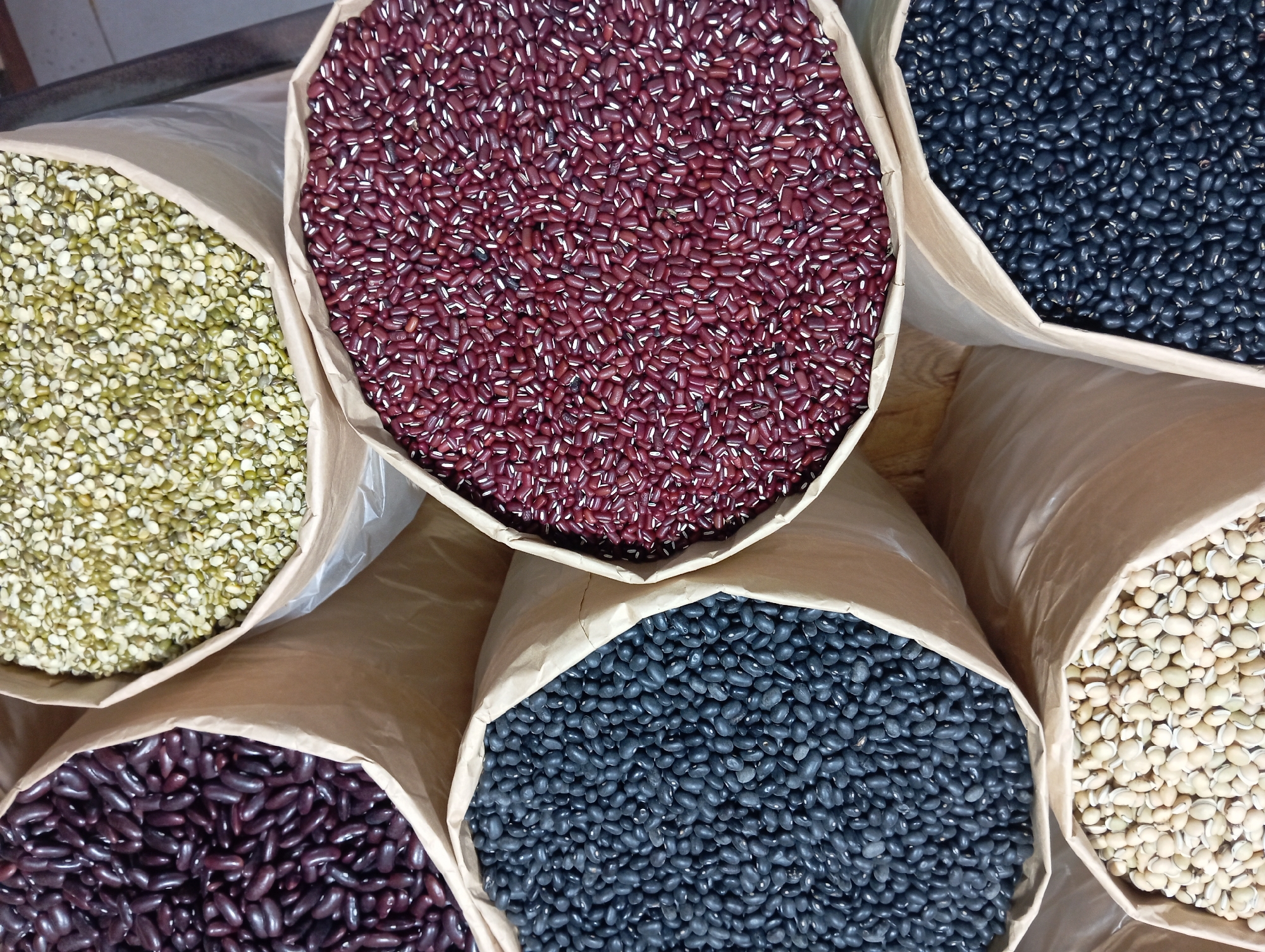 This is a close-up, overhead shot of several open paper bags filled with various types of dried beans. From left to right and top to bottom, the bags contain: light-colored beans, dark blue/black beans, dark red beans, and green beans. The beans are the primary focus, filling the bags which are arranged in a somewhat circular pattern. The bags appear to be made of brown paper. The background is indistinct, but suggests a marketplace or bulk food store environment. There are no people or actions visible in the image, and the scene is static. The specific location in Nha Trang, Vietnam, cannot be determined from the image alone.