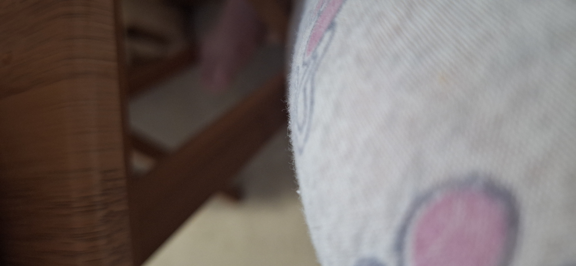 A close-up shot reveals a section of a light-colored, patterned fabric with visible texture and a fringed edge on the right. The fabric displays pink and gray round shapes, possibly part of a larger design. To the left, a blurred wooden structure with a visible grain pattern suggests a piece of furniture, likely a chair. The background shows a light-colored, indistinct floor surface. No people or indications of a specific location within Blagoevgrad, Bulgaria, are discernible.