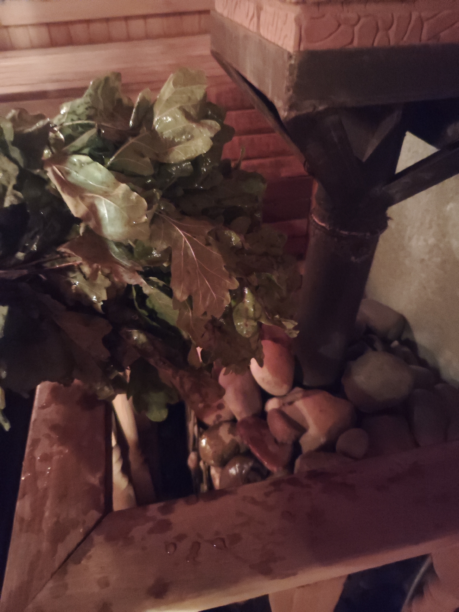 The image depicts an interior scene, likely a sauna or bathhouse, in a location possibly similar to Chaikovsky, Russia, although this is not confirmed. The focus is on a wet bunch of oak leaves (a traditional sauna "broom" for whipping the body) resting on a wooden structure. Behind the leaves is a stove with a pipe, surrounded by stones of various sizes and colors (likely sauna stones). The overall lighting is dim and warm, suggesting an intimate and relaxing environment. The wooden surfaces appear damp.
