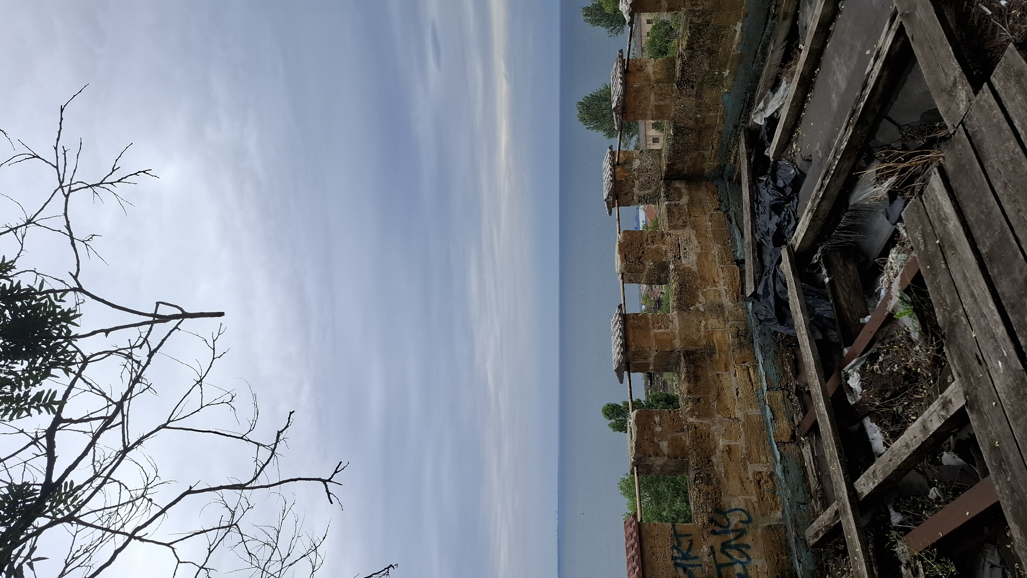 A high-angle, full outdoor shot captures a cloudy day over the sea. In the foreground, a decaying wooden platform reveals exposed beams and debris. Beyond this, a stone wall with battlements runs horizontally across the frame, adorned with graffiti. The sea stretches out to the horizon, meeting a muted, overcast sky. Trees and distant buildings are visible along the coastline. Bare tree branches frame the top of the image. The scene is located in the city of Unknown, Unknown.