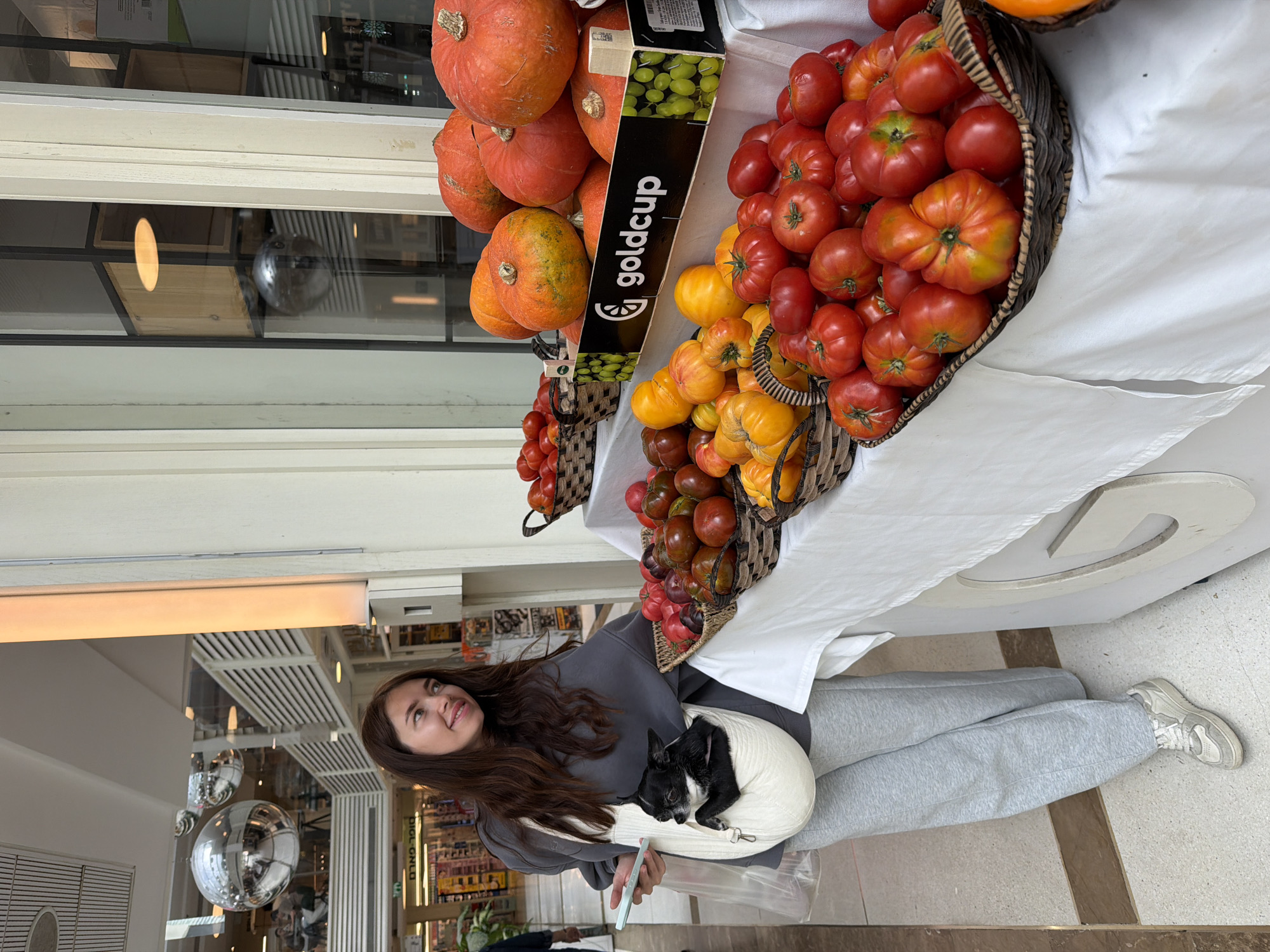 The image depicts a young woman in a casual grey sweatshirt and sweatpants, standing in front of a fruit and vegetable display. She's carrying a small black and white dog in a white shoulder bag. The display includes pumpkins and baskets overflowing with various types of tomatoes. The location appears to be a store or market in Tel-Aviv, Israel, indicated by Hebrew text on a storefront in the background.