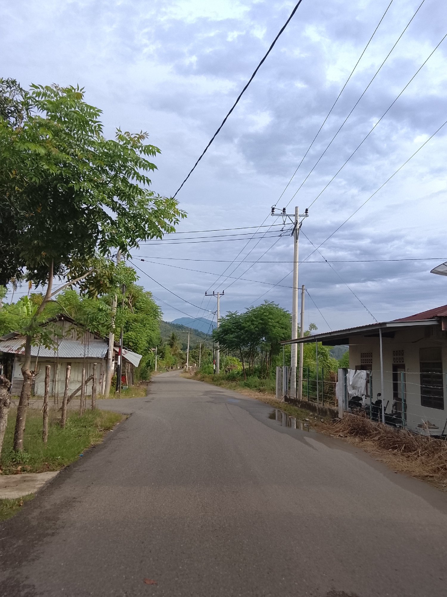 The image depicts a straight, paved road in a rural area, likely in the village of Geunteng, Indonesia, with a cloudy sky overhead. On the left side of the road, there is a simple house with a corrugated metal roof and wooden fences. A lush green tree is prominent in the foreground on the left. On the right side, there is another house with a similar roof and an open-air covered area. Electrical poles and overhead power lines are visible throughout the scene, indicating the presence of infrastructure. The road appears wet in places, suggesting recent rain. In the distance, hills can be seen. The overall impression is of a quiet, residential street in a tropical or subtropical environment. There are no people visible in the image.