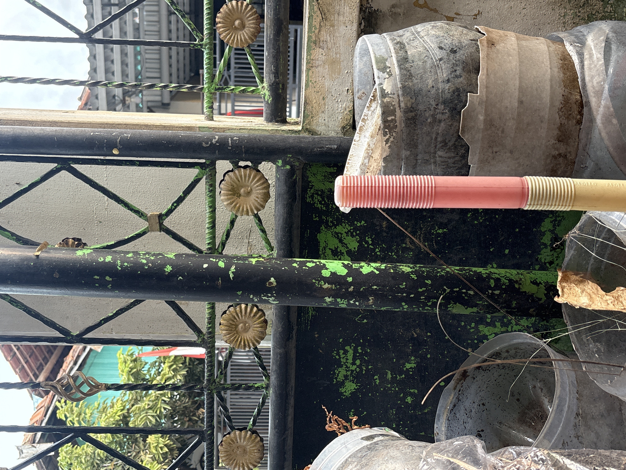 The image depicts a close-up view of a black metal gate with green paint splatters, a common sight in Palimanan, Indonesia. The gate features decorative gold floral elements and is partially obscured by several plastic containers and dried vegetation, suggesting a cluttered outdoor storage area. In the background, a glimpse of a house with a red-tiled roof and a turquoise wall can be seen, along with trees and a fragment of an Indonesian flag. The scene appears to be an outdoor environment, possibly a residential yard or a storage space adjacent to a property in Palimanan.