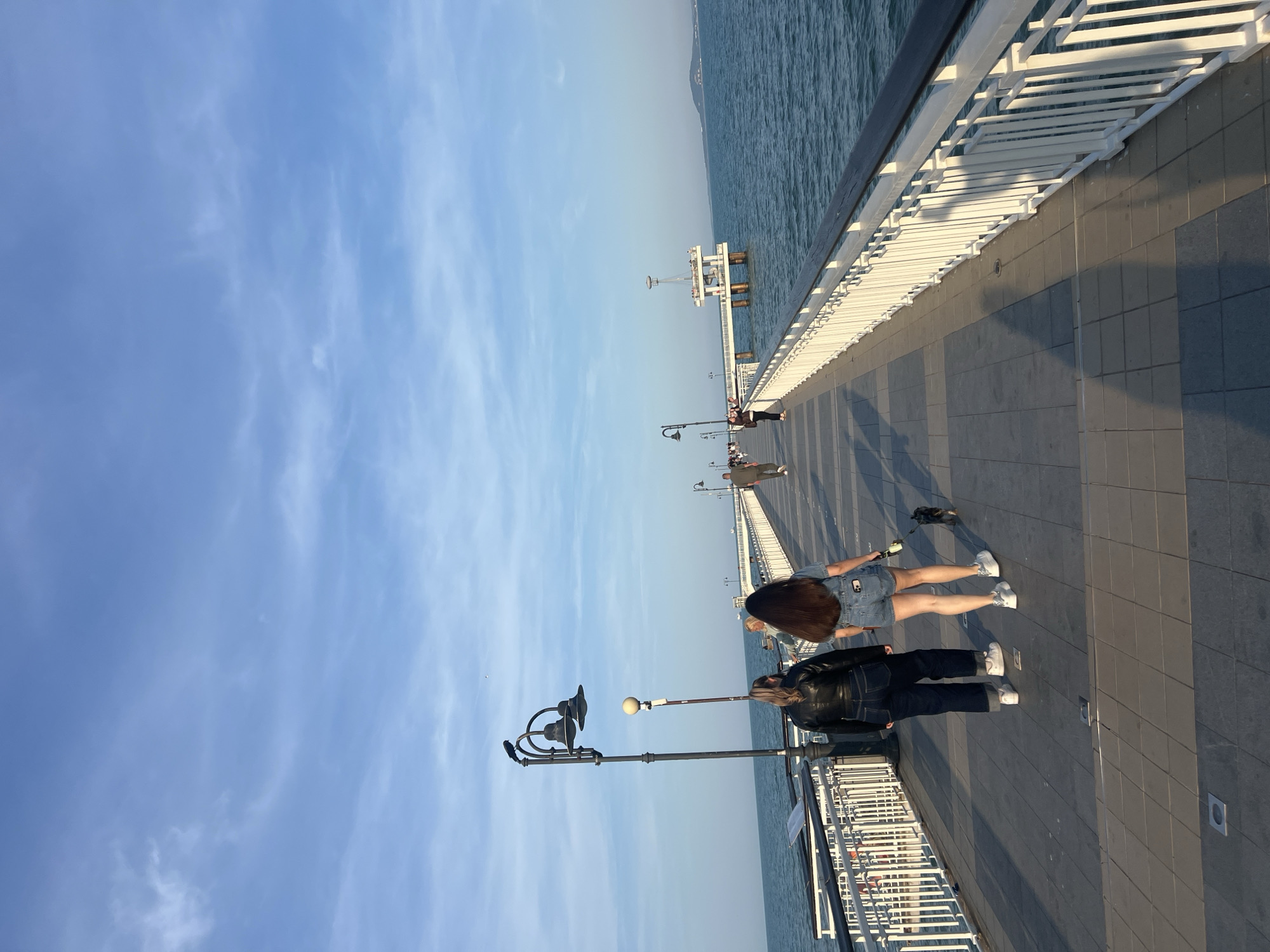 This image depicts the Burgas Pier ("Моста на Бургас") in Burgas, Bulgaria, extending into the Black Sea under a clear blue sky with sparse, wispy clouds. The sun is low, casting long shadows across the pier from left to right, indicating either early morning or late afternoon.
In the foreground, two individuals walk away from the camera on the pier's tiled surface. The person on the left wears a black leather jacket, dark blue jeans, and white sneakers. The person on the right has long dark hair, wears a light blue denim short jumpsuit or shorts with a matching top, white platform sneakers, and holds a leash attached to a small, dark-colored dog walking beside them.
The pier features white metal railings with dark handrails on both sides. Along the left side, black lampposts with multiple fixtures are spaced, one of which has a dark bird perched atop it in the midground. Further down the pier, another lamppost with a spherical light is visible.
Several other individuals are present further along the pier, walking in both directions. One person on the right side of the pier appears to be observing the sea or taking a photograph.
At the far end of the pier, a distinctive white, multi-level architectural structure with circular platforms, supported by columns over the water, serves as a viewing platform, with people visible on its upper levels. The deep blue sea is calm with slight ripples, extending to a distant landmass visible on the horizon to the far right. The pier deck is paved with alternating shades of grey rectangular tiles.