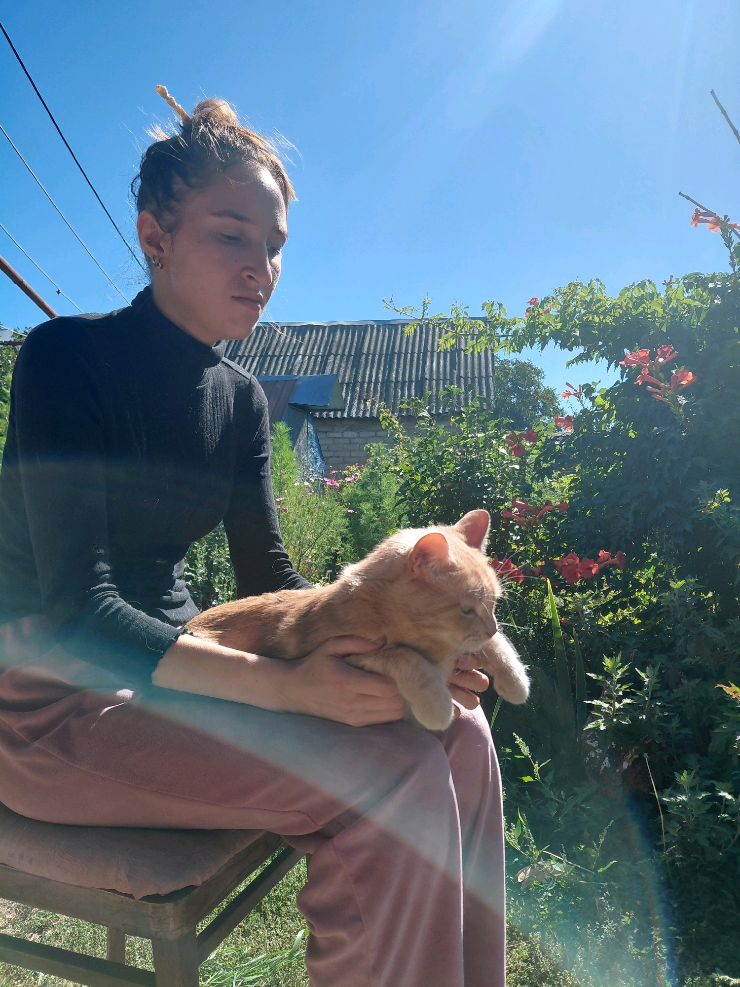 A young person with their hair in a bun is sitting on a chair outdoors in what appears to be a backyard. The person is wearing a black turtleneck and pink pants. They are holding a ginger-colored cat in their arms. The background shows a house with a corrugated roof, green trees, and red flowers. The sky is clear and blue. The sun is shining brightly, creating lens flare effects in the image. The scene suggests a warm, sunny day in a rural or suburban setting.