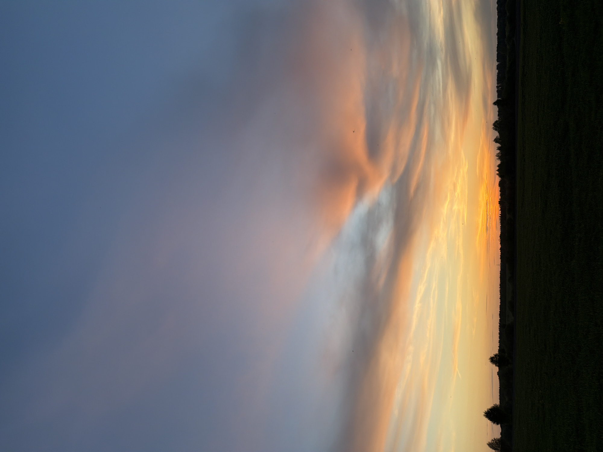 The image depicts a sunset in Кадряково, Russia. The sky transitions from a dark blue on the left to orange and yellow hues on the right, where the sun is setting. Wispy clouds are visible in the sky, streaked with orange and white. A dark green field or vegetation line is visible along the right edge of the image, with trees silhouetted against the bright sky. No people are visible.