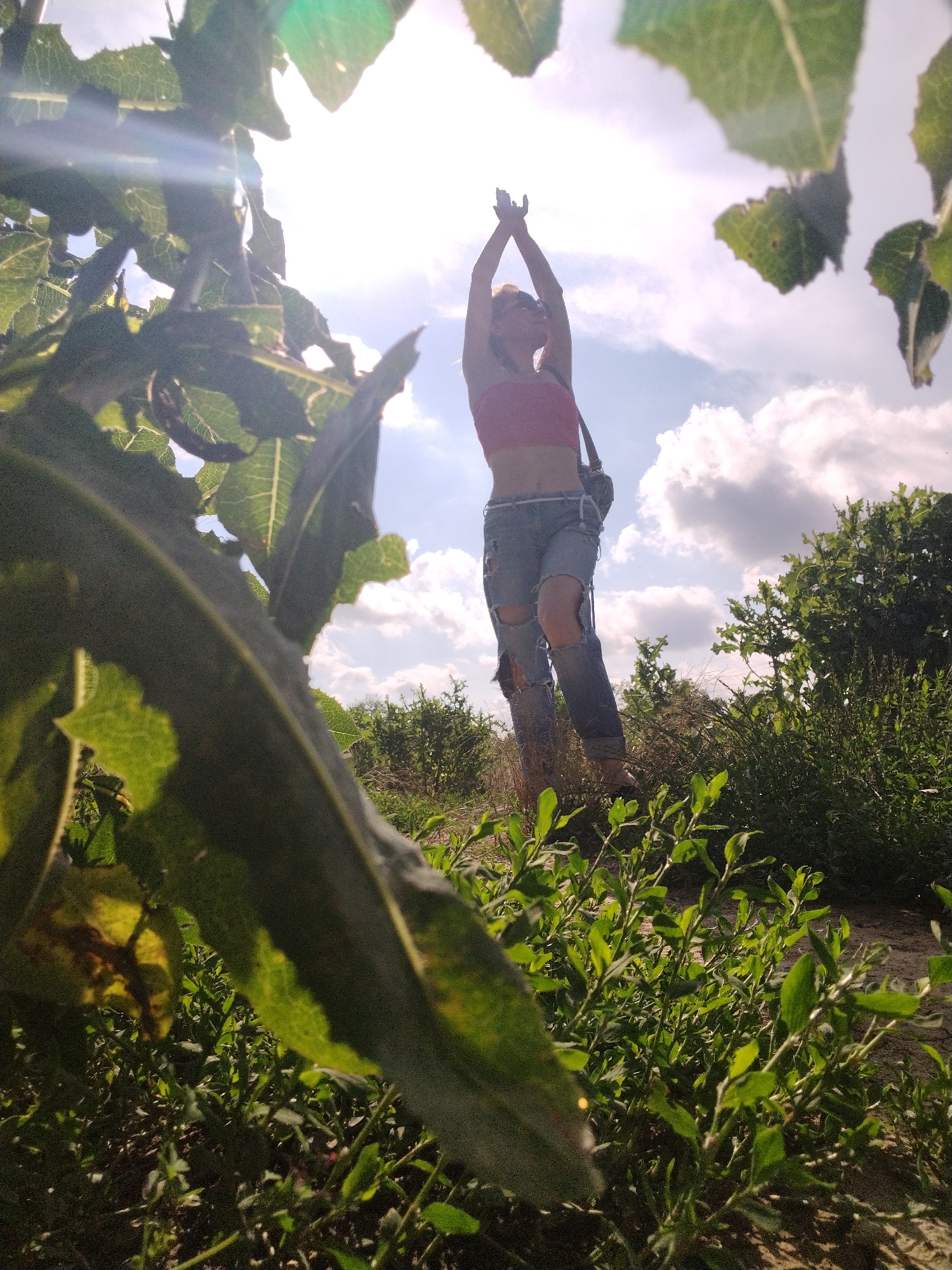 A low-angle, wide shot captures a person standing in a field with their arms raised towards a bright sky. The person is wearing a pink top and ripped blue jeans, and a bag is slung over their shoulder. The foreground is dominated by large green leaves from a plant, obscuring part of the scene. In the background, there are trees, shrubs, and clouds. The sun is shining brightly, causing lens flare. The location is identified as Fyodorovskaya, Russia. The ground appears to be dirt and sand, with sparse vegetation and dry grass.