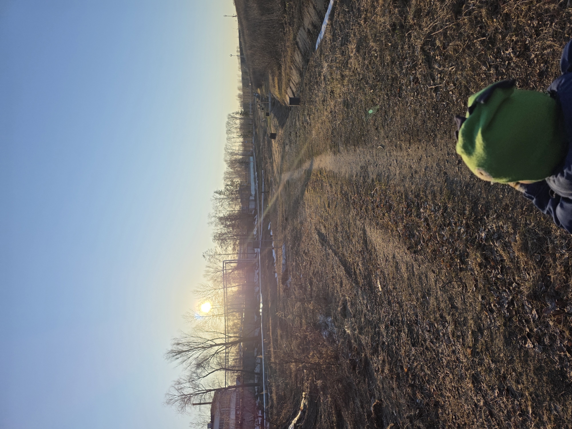 The image captures an outdoor scene at sunset in what appears to be a park or undeveloped area in or near the city of Chaikovsky, Russia, based on the landscape and architectural elements. The sky is a gradient of light blue to pale yellow at the horizon where the sun is setting, partially obscured by bare trees.
In the foreground, ground covered in dry grass and fallen leaves is visible. There's a narrow, dirt pathway running through the middle ground. In the upper right corner of the image is the back of a person's head wearing a green knit hat.
In the middle distance, there is some infrastructure, including pipes and possibly some industrial or residential buildings. In the distance, there are trees and what might be other low-rise buildings.