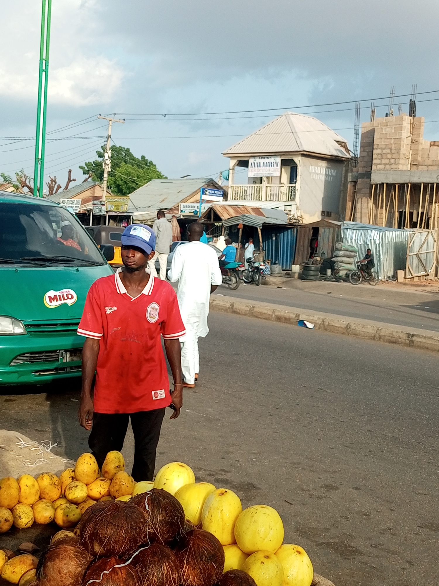 This image captures a street scene in Tempure, Nigeria, likely on a roadside market. In the foreground, a young man wearing a red t-shirt and black pants stands next to a display of fruits, including coconuts and yellow melons. He wears a blue baseball cap. Behind him, a green commercial vehicle with a "Milo" logo is parked. Further in the background, other people walk along the street, and various stalls and buildings line the road. One building features a sign that reads "SPRING MEDICAL DIAGNOSTIC LABORATORY." The environment appears to be an urban setting with a paved road, sidewalks, and overhead electrical wires. The sky is cloudy.