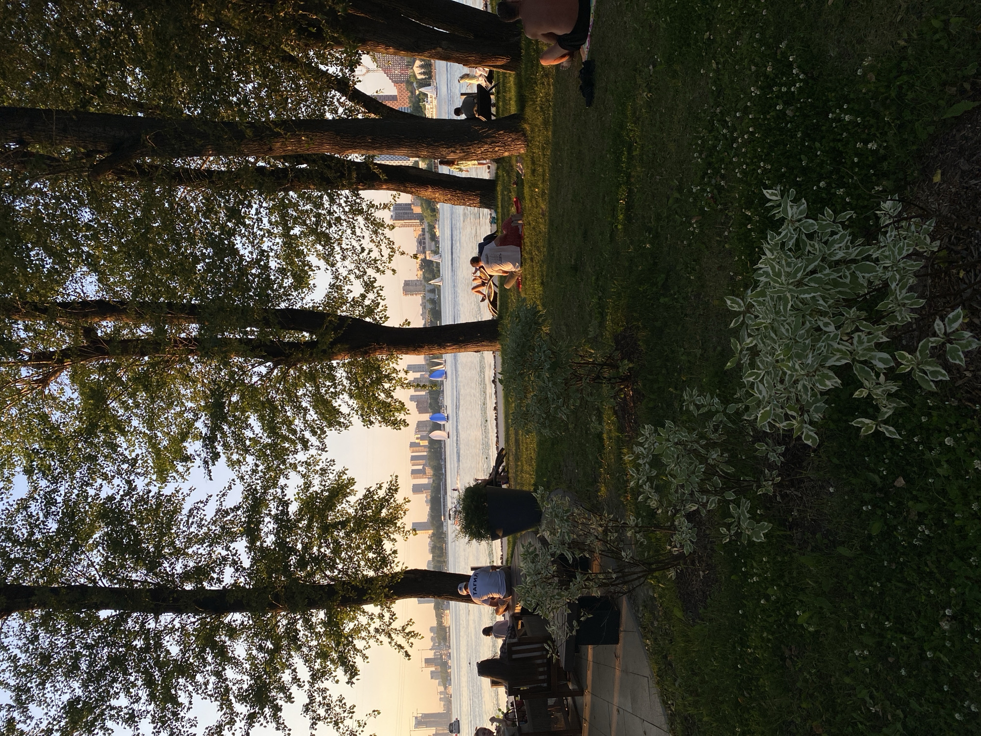 This media file captures a scenic evening at a waterfront park in Khimki, Russia. The image is oriented vertically, with the sun low in the sky, casting a warm, golden light that suggests it is either early morning or late afternoon. Trees with lush green foliage dominate the foreground, their trunks thick and weathered. Beyond the trees, a calm body of water is visible, reflecting the cityscape on the opposite bank. The city skyline features numerous tall buildings, their facades illuminated by the setting sun.
Several people are scattered throughout the park, engaged in various leisurely activities. Some are seated on benches or picnicking on the grass, enjoying the pleasant weather and the view. Others appear to be walking or simply relaxing under the shade of the trees. The atmosphere seems peaceful and relaxed, with a sense of community as people gather outdoors. Small white flowers are dotted across the green lawn, adding to the natural beauty of the setting. A paved pathway runs alongside the water, and several boats, including sailboats with blue and white sails, can be seen on the water.
One person in the middle-ground is wearing a white shirt with blue text on the back. Though partially obscured and slightly blurry, the text appears to read "ТАТГЕ". This might be a logo or an inscription. The overall impression is one of a tranquil summer evening spent enjoying nature and city views by the water.