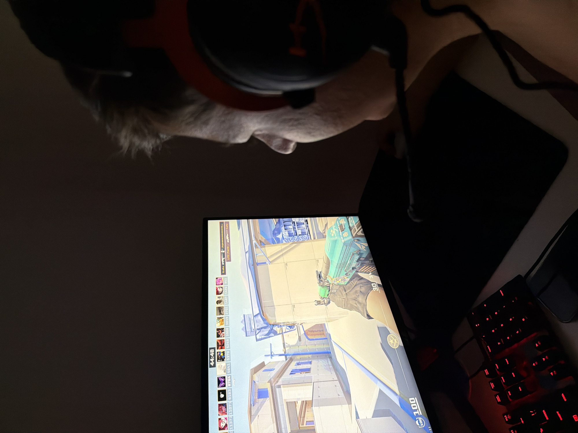 The image shows a person wearing headphones looking at a computer screen. The screen displays a first-person shooter video game with a building and a character holding a weapon. To the right of the screen is a keyboard with red backlighting and a black mousepad. The in-game HUD displays "44:48" and player statistics along the left side, including numerical values and usernames like "ILuha" and "LITE|Patrik." The bottom right of the screen shows "100 / 100". There is no indication in the image that identifies the location as Budva, Montenegro.