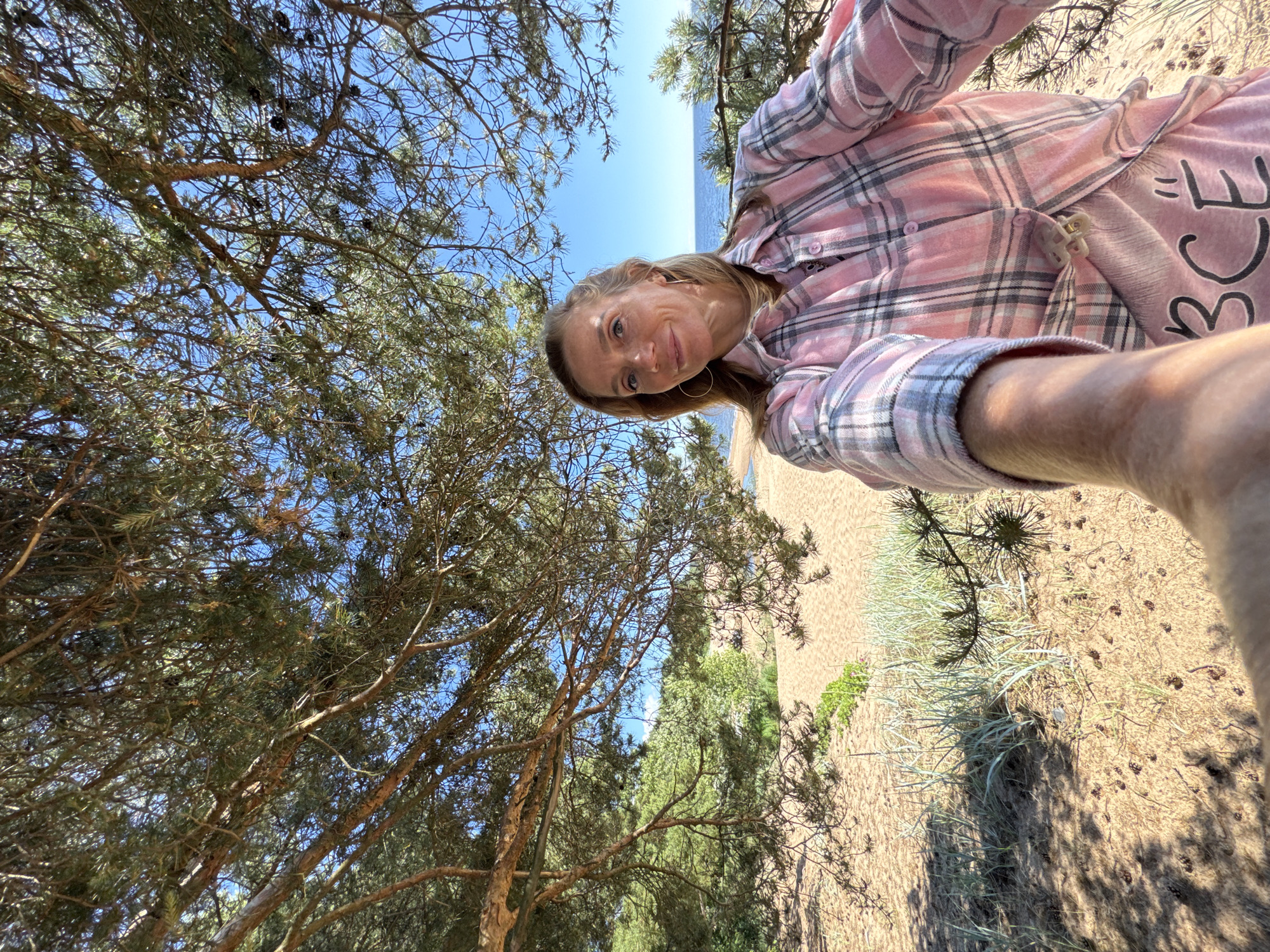 The image shows a woman taking a selfie on a sandy beach under pine trees. She is wearing a pink plaid shirt and pink pants with the word "ВСЕ" printed on them. The background features sand, sparse vegetation, the sea, and a clear blue sky. The scene is located in Zelenaya Roshcha, Russia, likely near the Black Sea coast given the vegetation and climate.