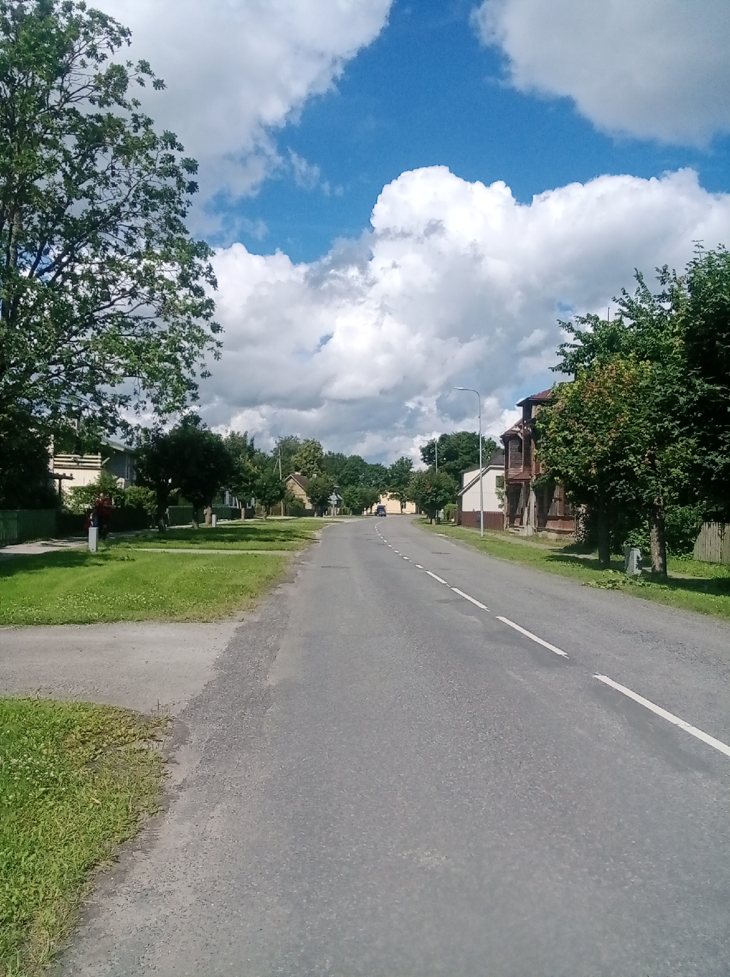 The image captures a view down a paved road in Tapa, Estonia, on a day with a partly cloudy sky. The road is lined with green grass on both sides, interspersed with trees and residential buildings. On the left, a person in a dark top and red bottoms is walking on a sidewalk next to a green fence. On the right side of the road, there is a distinctive wooden house with intricate architectural details, and other houses and trees can be seen further down the street. The road has white lane markings. A street lamp is visible on the right side of the road.