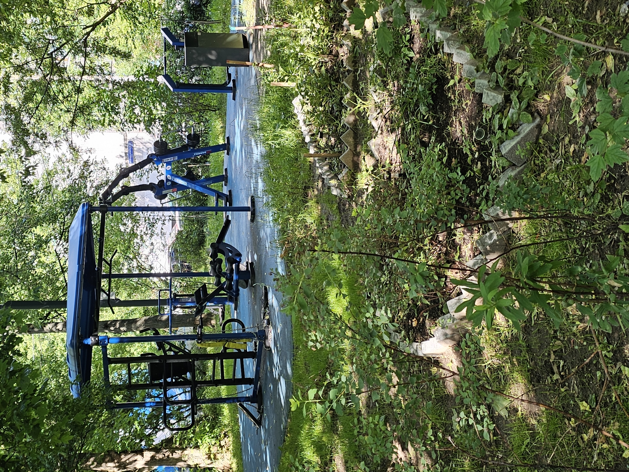 The image depicts an outdoor fitness area with various exercise machines. The equipment is predominantly blue and black, with some yellow accents. Several weight machines are visible, including what appears to be a lat pulldown machine with weights stacked, and a leg press or similar machine. A multi-station gym structure is also present, offering a variety of workout options. The ground is paved with a blue surface, and green grass and dense foliage surround the area, suggesting a park or recreational space. The overall impression is one of a functional, albeit slightly overgrown, public gym.
The setting appears to be a sunny day, with dappled sunlight filtering through the leaves of surrounding trees, casting shadows on the blue workout surface. The time of day is likely late morning or early afternoon, given the angle of the sunlight. The presence of lush greenery and trees indicates a temperate climate, possibly spring or summer. The location cues, such as the style of the exercise equipment and the general environment, are consistent with an urban park or a communal recreational area in Russia, specifically Khimki, as suggested by the context. There are no people visible in the image, suggesting the area is either not in use at this moment or the photographer has captured it during a quiet period. The scene evokes a sense of everyday outdoor activity and community fitness.
There is some visible text on one of the weight machines. The word "BARBELL" is clearly legible on a black plate. Other labels might be present on the equipment, but are not discernible due to image resolution or orientation. The framing of the shot is from a slightly elevated perspective, looking down and across the fitness equipment and the surrounding vegetation. The overall mood is peaceful and natural, highlighting the integration of man-made structures within a green environment.