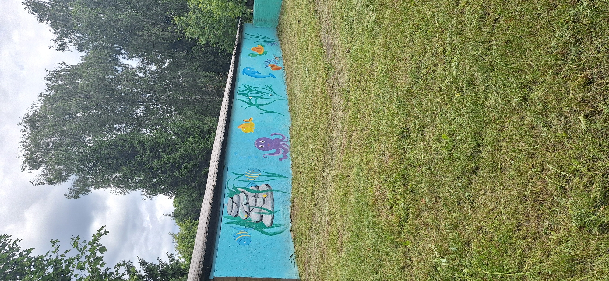 The image shows a long, blue-painted, cinder block wall with a mural depicting an underwater scene. The mural features several cartoonish sea creatures, including fish, an octopus, a dolphin, and a turtle, along with representations of rocks and seaweed. The wall is situated outdoors, adjacent to a grassy area that appears to have been recently mowed, with cut grass visible on the ground. Trees with green foliage line the top of the wall, and a cloudy sky is visible above. The scene is likely located in Bila Tserkva, Ukraine, as indicated by external information. There are no people or animals present in the image.