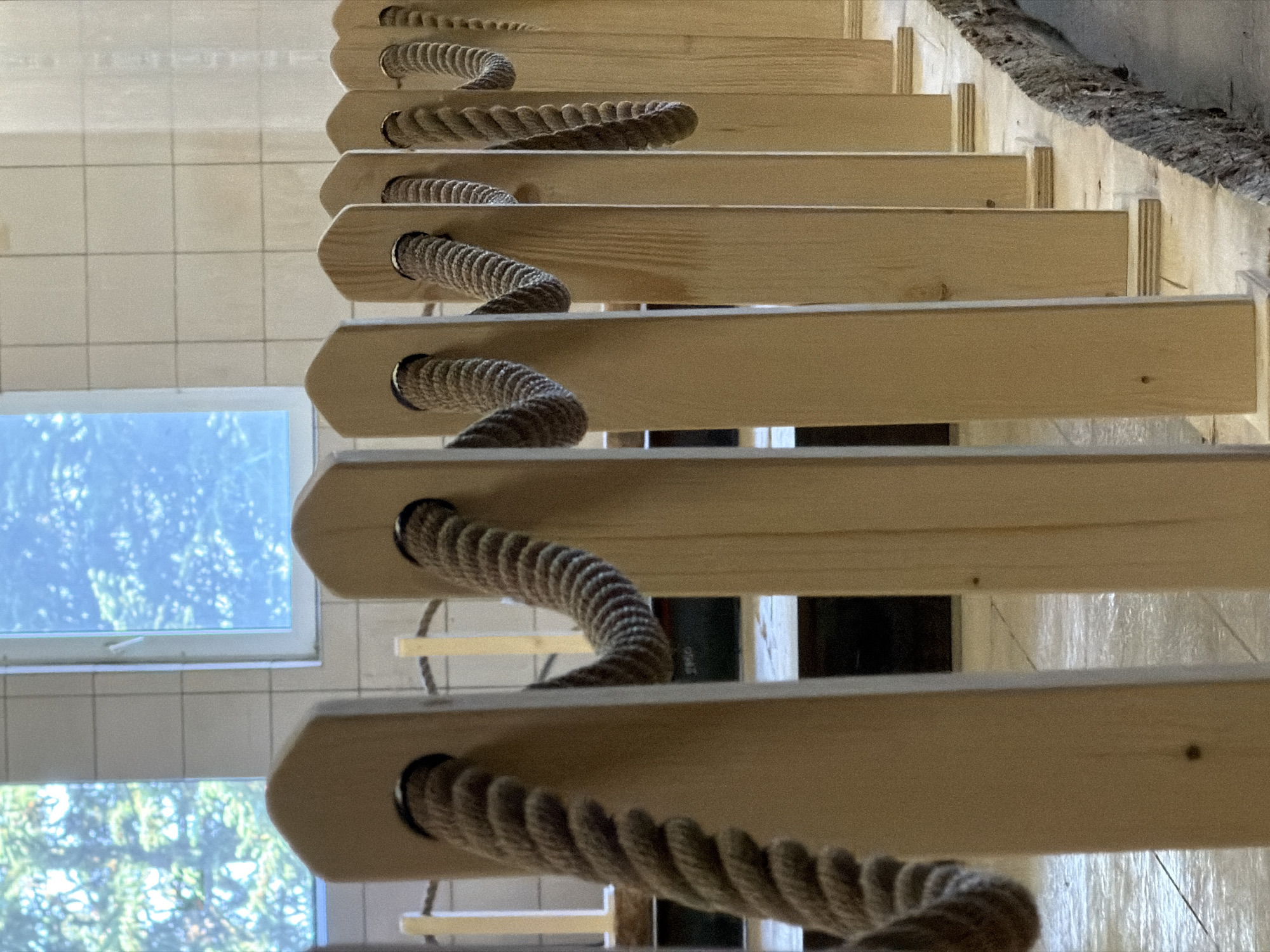 The image shows a row of wooden posts with ropes threaded through them, creating a barrier. The posts are light-colored wood and are arranged in a line receding into the background. Each post has a hole near the top through which a thick, braided rope passes. The rope appears to be made of natural fibers and has a textured, twisted appearance.
In the background, there are two windows with views of trees. The walls appear to be tiled with light-colored squares. The floor is a light-colored tiled surface.
The scene is indoors, likely in a facility or public space. The lighting suggests it is daytime. There are no people or animals visible in the image. The overall impression is one of a functional and somewhat rustic setting.
The specific location in Leudelange, Luxembourg, is not determinable from the visual information provided in the image.