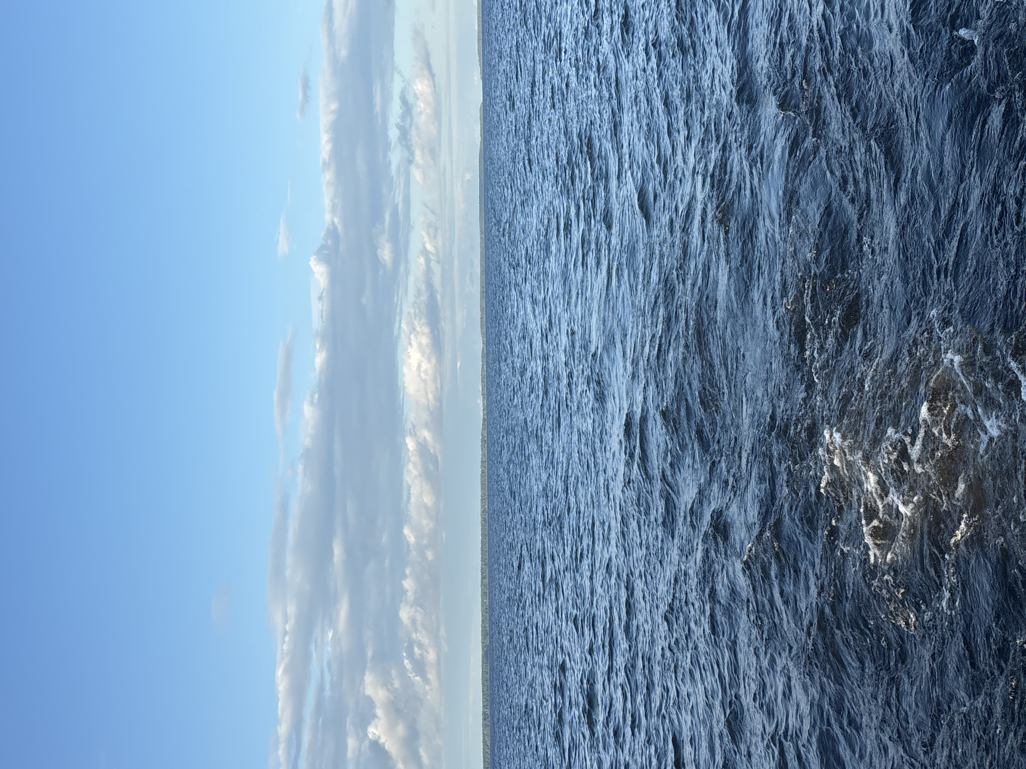The image shows a wide expanse of dark blue water with moderate ripples, suggesting a body of water such as a lake or sea. In the foreground, white foam is visible on the surface, indicating movement or disturbance of the water. A thin line of green trees and vegetation forms the horizon, separating the water from a pale blue sky dotted with scattered white clouds. The scene is a natural landscape, likely a waterfront or coastal area. The image does not contain any people or specific urban structures, making it difficult to pinpoint a precise location within Petrozavodsk without further context.