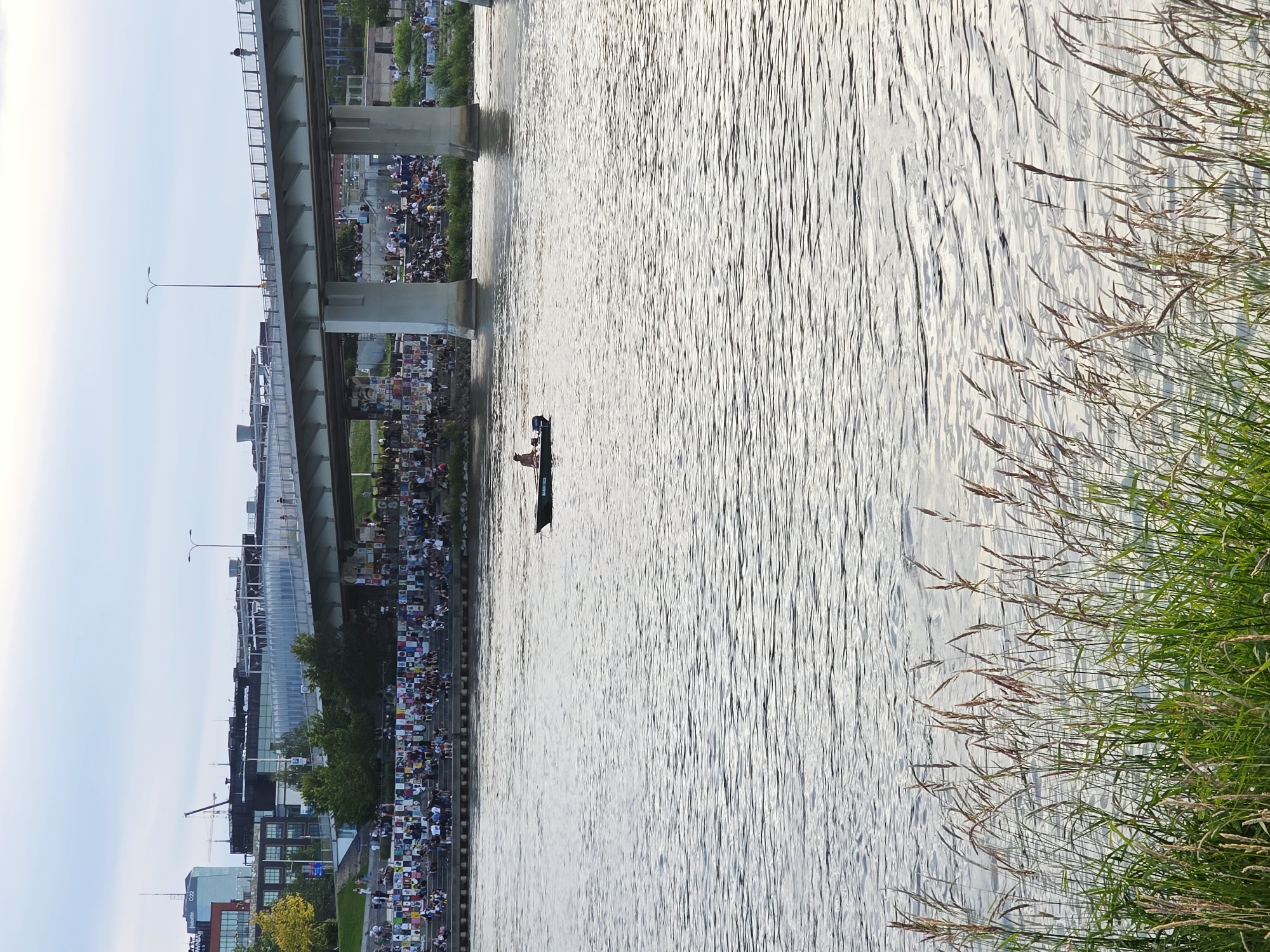 The image captures a scene on the Vistula River in Warsaw, Poland, near the Poniatowski Bridge. In the foreground, tall grasses sway gently, their tips catching the light. The river itself is calm, with subtle ripples reflecting the overcast sky.
Further out on the water, a small, dark green motorboat is visible. A single individual, wearing a light-colored shirt and dark shorts, is seated in the boat, appearing to be steering or operating it.
Dominating the midground and background is the impressive structure of the Poniatowski Bridge. The bridge's concrete supports rise from the water, carrying a wide roadway and a pedestrian walkway above. On the embankment leading up to the bridge, numerous people are seated on tiered steps. They are gathered in a large group, facing towards the river or the city skyline beyond. Many of them are looking at a display of what appears to be artwork or photographs arranged along the steps.
Behind the crowd and the bridge, the city skyline of Warsaw is visible. Modern buildings, including a tall glass skyscraper with "DELOITTE" and "022" signage, stand against the sky. Trees line the embankment, adding a touch of green to the urban landscape. The overall atmosphere suggests a public gathering or event taking place on a warm, possibly late afternoon or early evening.
