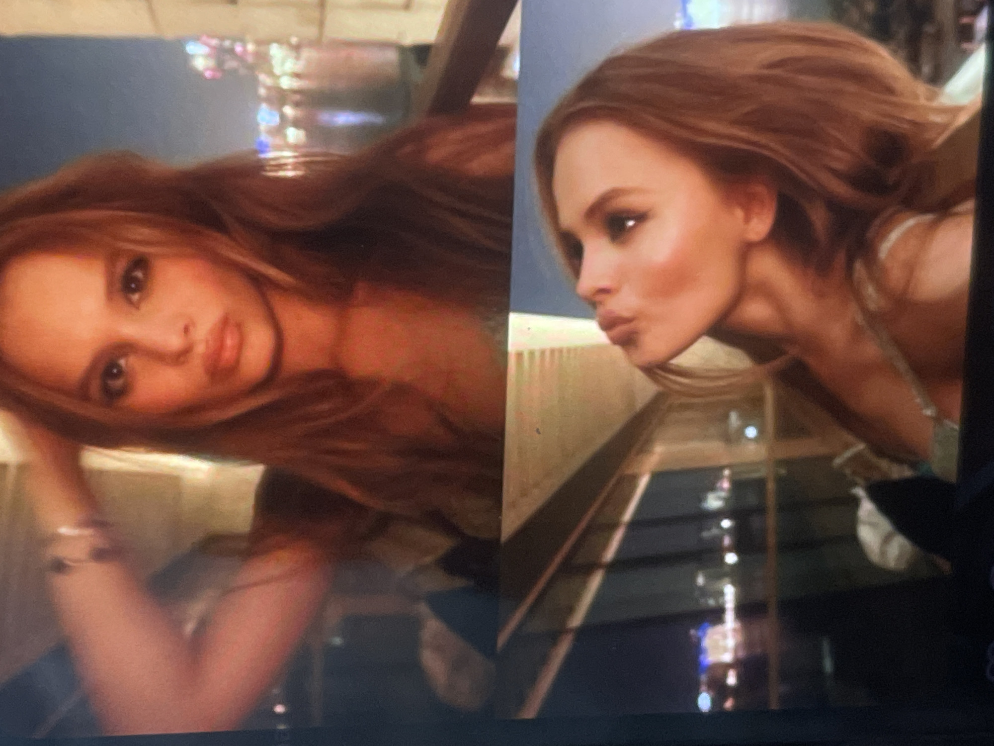 The media file consists of two adjacent images of a young woman, likely stills from a video, presented as if rotated 90 degrees clockwise from their intended upright orientation.
In the **left panel** (originally the top left if upright), the woman, with long, wavy reddish-brown hair, is shown in a close-up, looking directly at the viewer. Her head is slightly tilted, and she has a calm, perhaps alluring, expression with slightly parted lips. Her left arm is bent, with a hand resting near her head, showcasing a bracelet on her wrist. She is wearing a light-colored, possibly white or cream, top with thin straps. The background is softly blurred with scattered bokeh lights, indicating an indoor setting, likely at night or in low light, possibly with reflections of distant city lights or indoor decorations.
The **right panel** (originally the top right if upright) features the same woman in a profile view, leaning forward. She is looking to the right of the frame with her lips pursed in a "kissing" or "duck face" pose. Her hair falls around her shoulders and back. She wears a similar light-colored top. The background also displays blurred lights, along with a visible structure that resembles a railing or a balcony, suggesting an interior space with a view, possibly overlooking an urban area at night.
The images are softly lit, emphasizing her facial contours, including prominent cheekbones and full lips. The overall atmosphere is intimate and candid, capturing a moment of relaxed posing. No visible text is present.