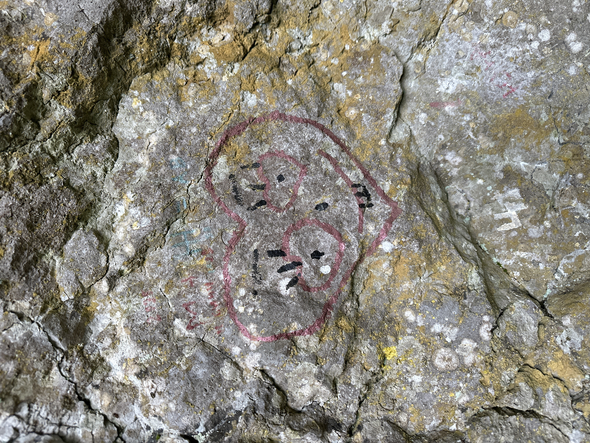 The image shows a close-up of a rough, light gray-brown rock surface, possibly a cliff face or large boulder. A simple graffiti-like drawing in reddish-pink outlines two cartoonish faces, one above the other. Each face is minimally detailed with black dashes for eyes and mouth. The rock surface has variations in texture and color, with patches of light yellowish material and darker gray areas. There are cracks and fissures in the rock. To the right of the drawing, fainter white markings or graffiti can be seen. The location is in the city of Lovech, Bulgaria.
