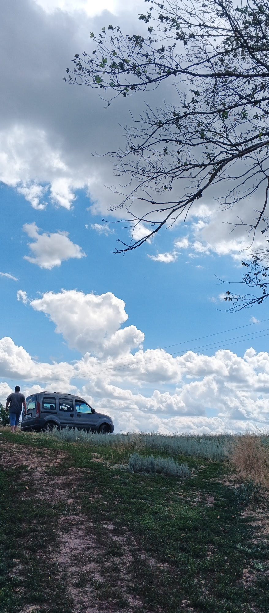A person stands next to a grey car parked on a grassy hillside under a cloudy blue sky in Ternivka, Ukraine. The person, seen from behind, wears a dark t-shirt and blue shorts. The car, a compact minivan, faces to the right. The ground is covered with green grass and dry brush. A bare tree branch extends from the top right corner of the frame, casting a shadow on the cloudy sky. Power lines are visible in the distance.