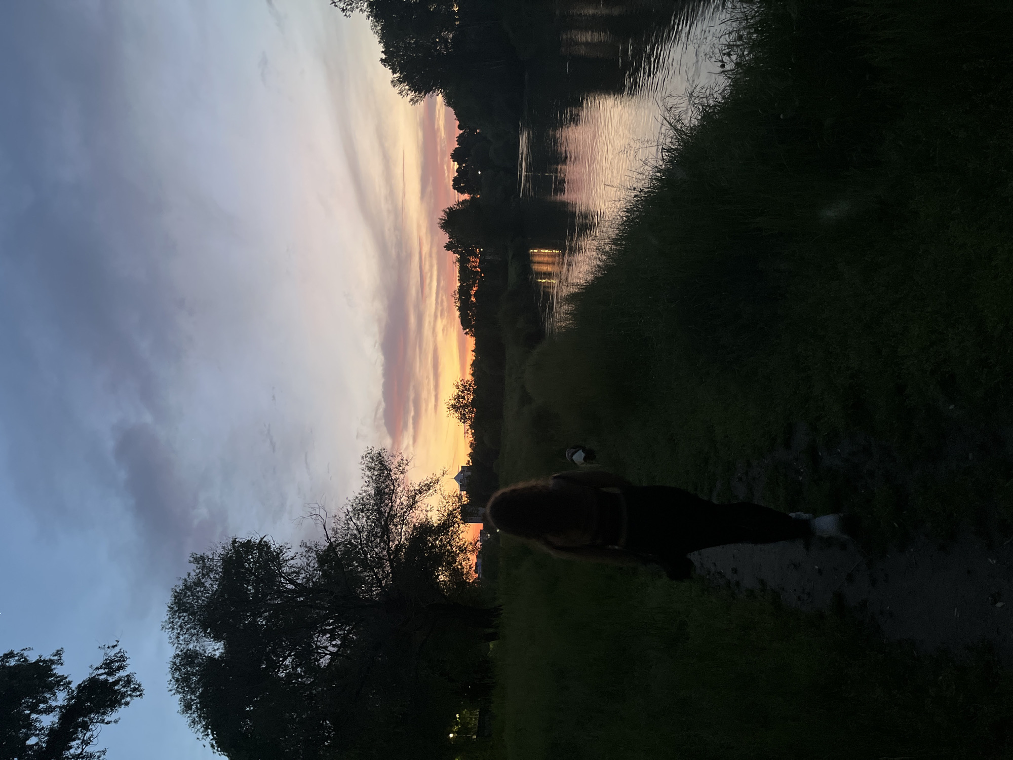 The photograph, taken at dusk or dawn, features a river reflecting the colors of the sky, which ranges from blue to orange. On the right side of the frame, the river is bordered by grass. A person is walking in the grass, with their back to the camera. Their clothing is dark. Trees are visible along the horizon, silhouetted against the colored sky. The location is consistent with a riverside setting in Plovdiv, Bulgaria.
