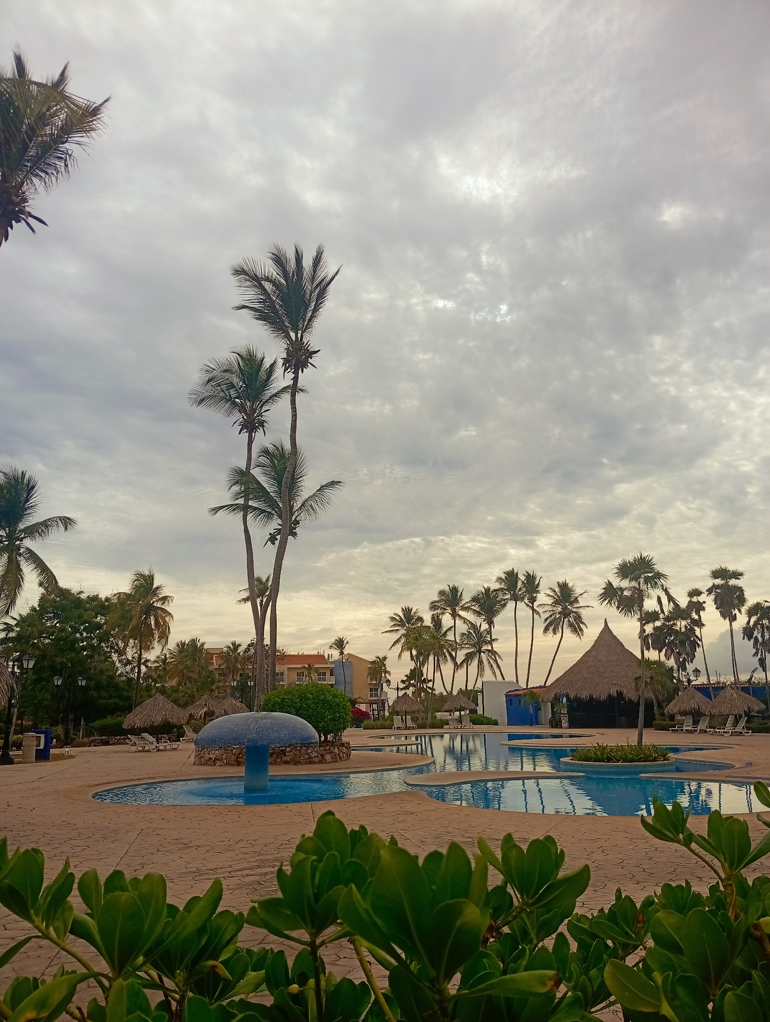 The image depicts a resort in Playa El Agua, Venezuela. In the foreground, green shrubbery obscures part of the scene. A network of connected swimming pools with light blue water lies beyond the shrubbery. A decorative mushroom-shaped water feature stands in one of the pools. In the background, palm trees line the perimeter of the pool area. A thatched-roof structure, likely a bar or cabana, stands among the trees. A multi-story building is visible further back. The sky is overcast with thick, grey clouds. The scene appears deserted.