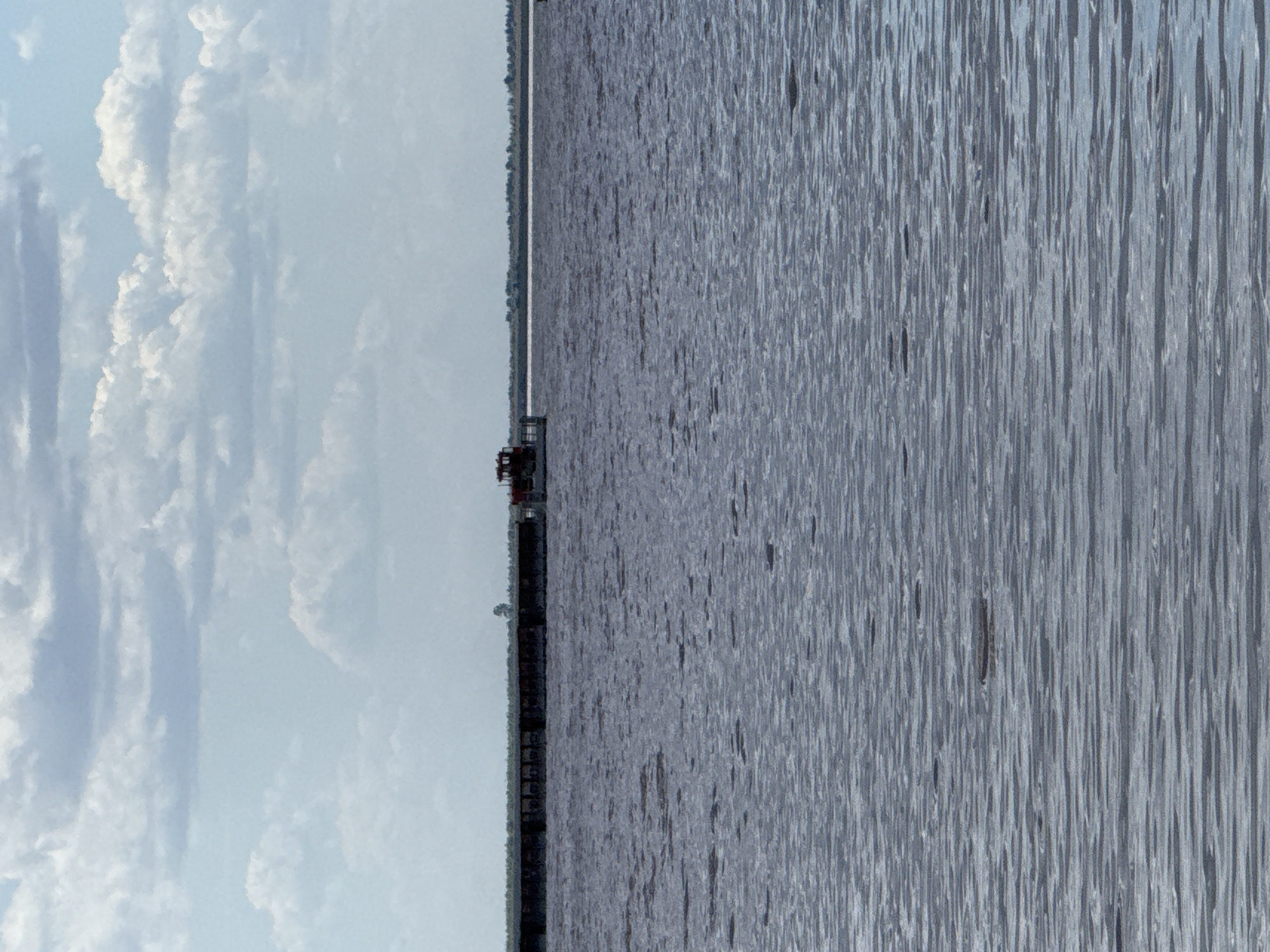 The image depicts a wide, calm body of water under a cloudy sky. In the distance, a long, dark barge is visible, with a small red structure, possibly a cabin or control room, on its right end. A single, slender tree stands on the barge. The barge appears to be moving away from the viewer, or is stationary. The water's surface is textured with horizontal ripples, suggesting a slight breeze. The horizon line is faint, separating the water from a distant shoreline characterized by a low line of trees and a pale sky filled with scattered clouds. The overall impression is one of quiet, expansive openness. No specific landmarks identifiable with the city of Bursol', Russia are present in the image.