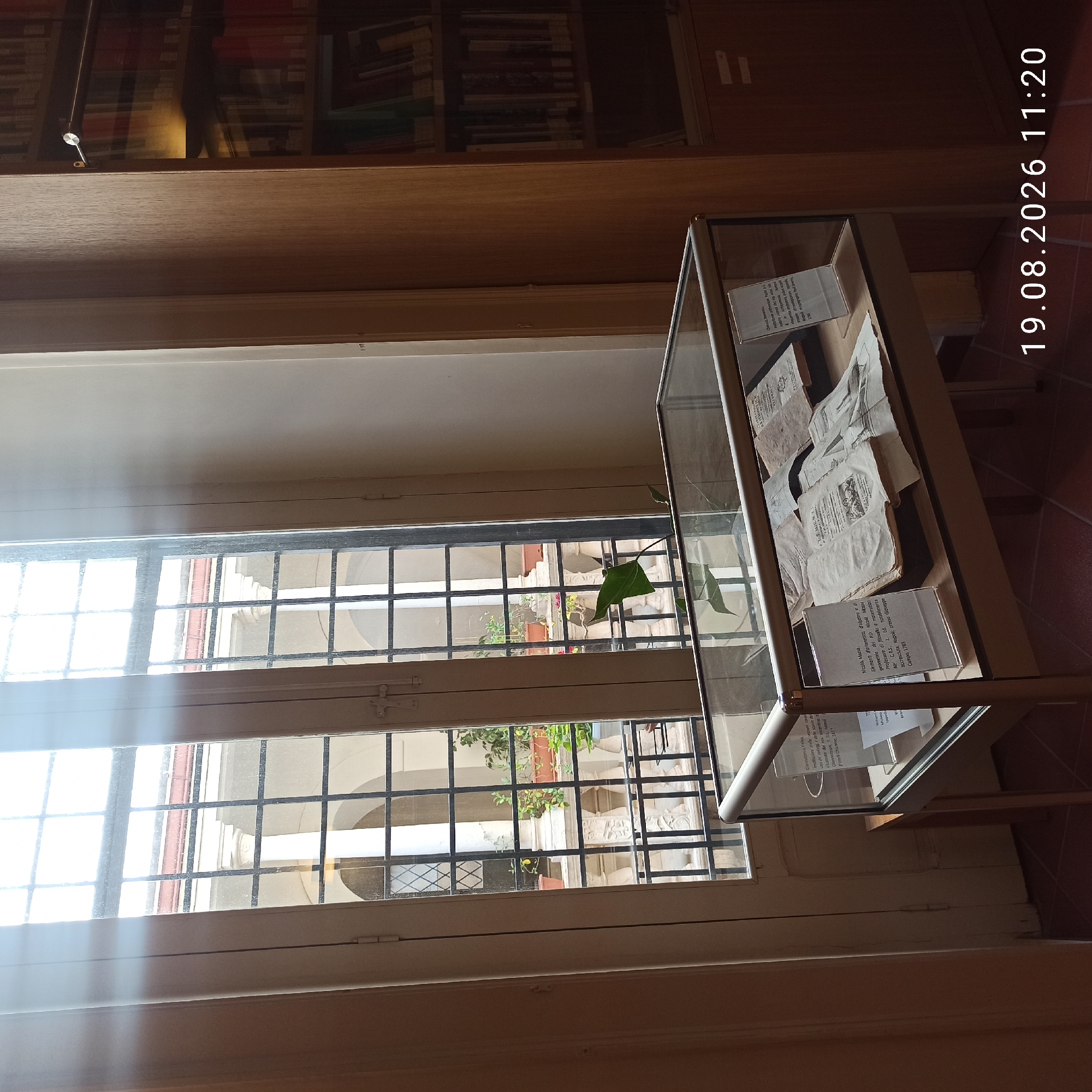 The image shows a display case inside a building, likely a library or museum, with books and documents laid out within. Through a large, mullioned window behind the display case, an outdoor courtyard with architectural elements and potted plants is visible. To the right, a tall wooden bookshelf filled with books is present. The lower right corner of the image displays a timestamp: "19.08.2026 11:20". The scene appears to be set within the city of Ruvo di Puglia, Italy, potentially in a historical or cultural institution. There are no people visible in the image.