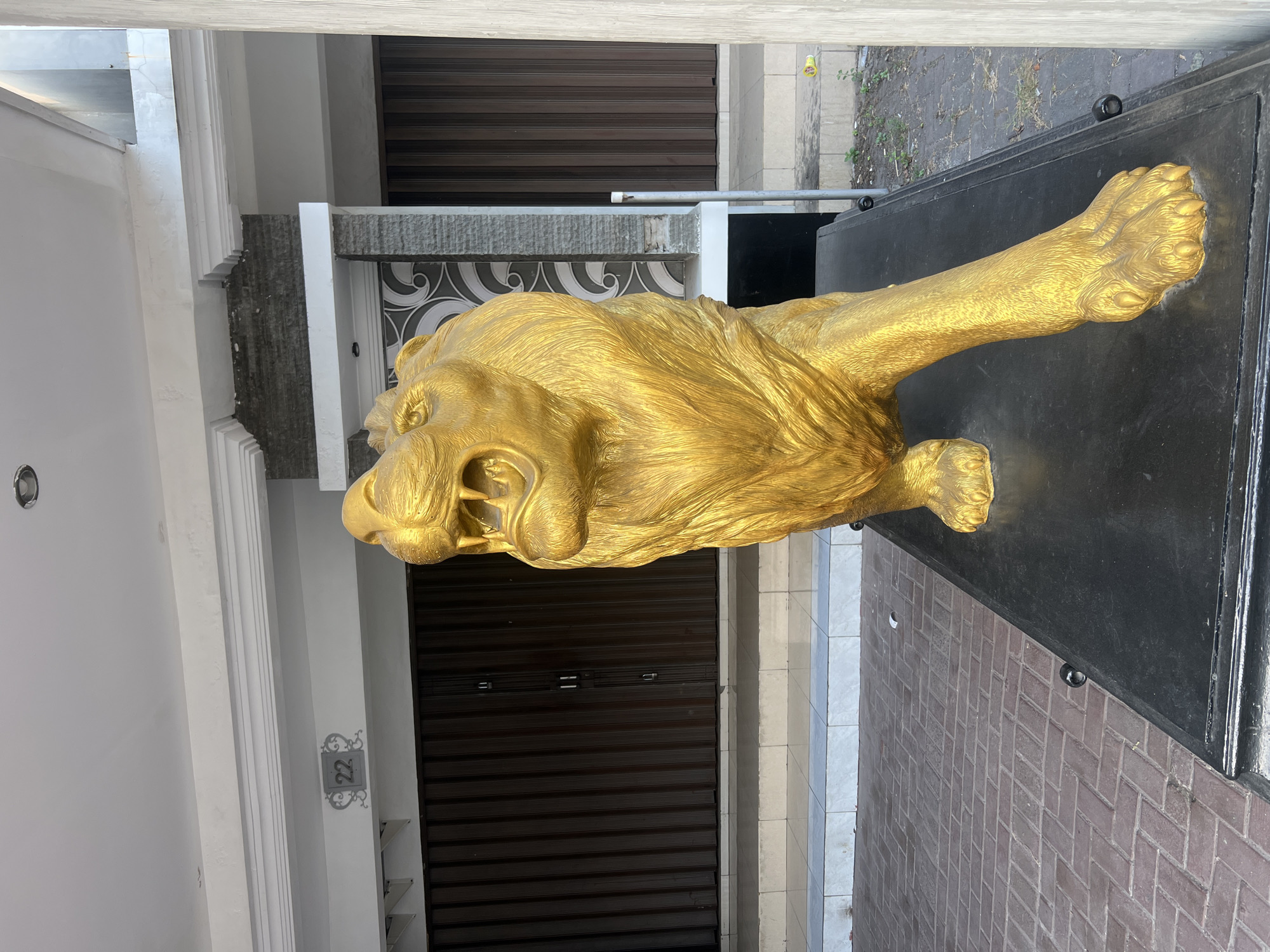 In Tlogoadi, Indonesia, a golden lion statue stands prominently on a dark pedestal. The statue is detailed, depicting the lion in a forward-facing pose with its mouth open and its mane flowing. Behind the statue, a building facade features dark, roll-up doors and white trim. A number "22" is visible above the doors, set within a decorative grey square. The ground in front of the building is paved with reddish-brown brick laid in a herringbone pattern. The scene appears to be an outdoor setting, possibly an entrance to a business or residence, captured during daylight.