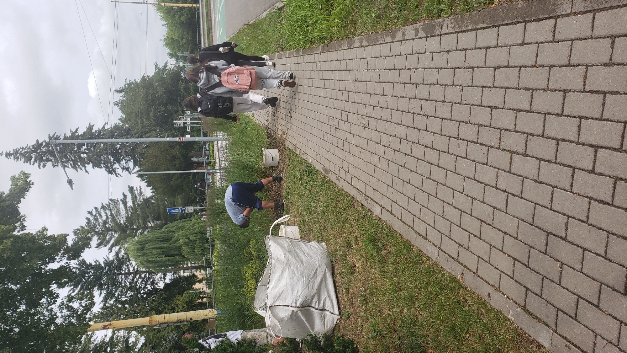 This image depicts an outdoor scene likely in the city of Prešov, Slovakia. A paved walkway, composed of rectangular grey bricks, runs diagonally across the frame from the foreground to the background. To the left of the walkway is a grassy area with some plants and a large, white, woven bag. A person in a blue shirt and dark shorts is bent over in this grassy area, appearing to be working with the plants. Further to the left, a yellow pole is visible.
On the walkway, moving away from the viewer, are three young individuals. The person closest to the viewer is wearing a grey hoodie and a pink backpack. The second person is wearing a grey hooded sweatshirt and a black backpack, and the third person is wearing a black top and black pants, also with a backpack.
In the background, there are several trees, including tall evergreen trees and a weeping willow. A street lamp is visible on a pole. There is also a road and what appears to be a pedestrian crossing signal in the distance. The sky is overcast, suggesting a cloudy day. The scene gives the impression of a public park or a street with landscaping.