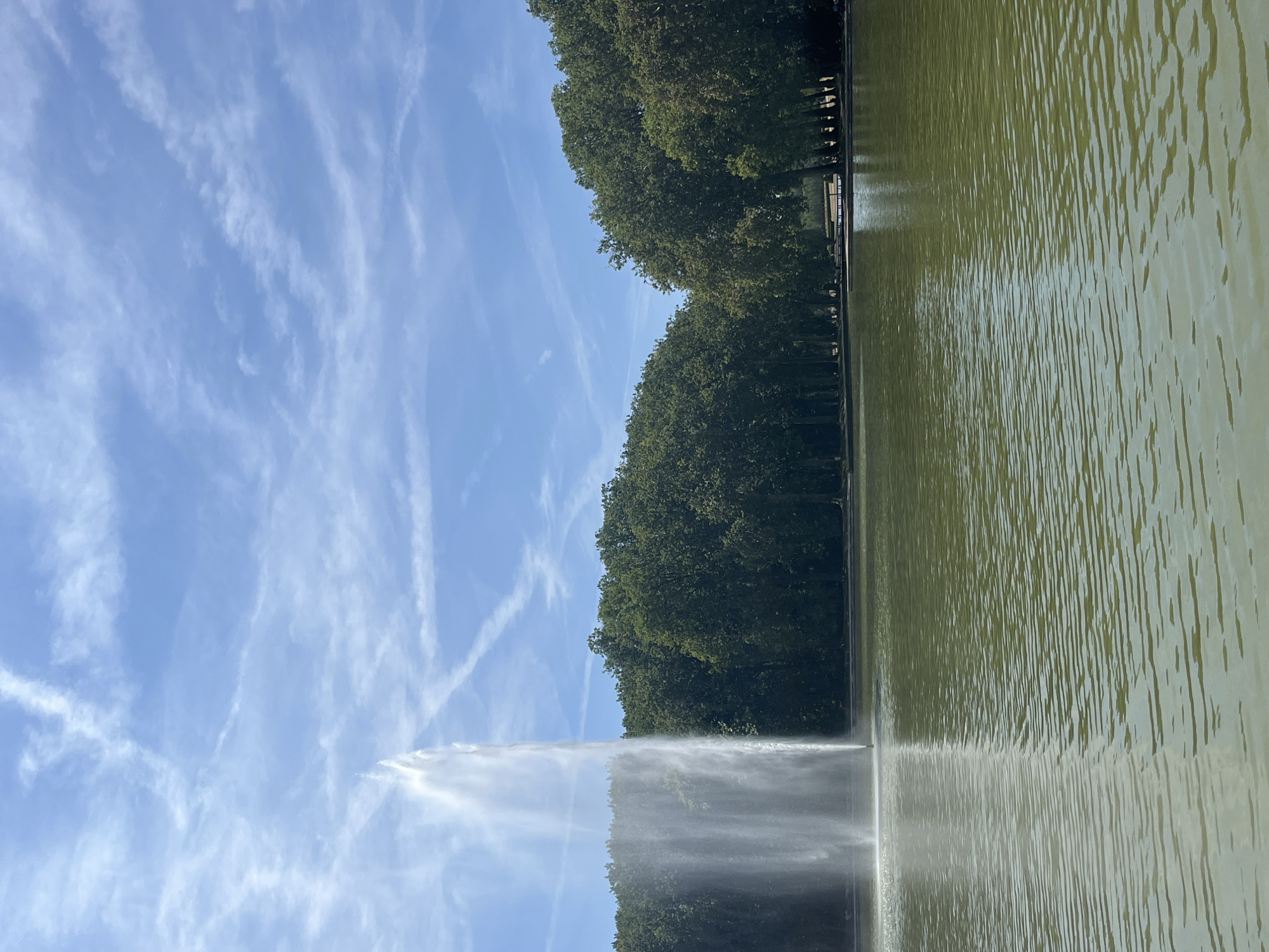 A wide shot captures a tall fountain spraying water in a lake. The lake is a murky green color with ripples on its surface. A dense line of green trees forms the background. The sky is blue with scattered white clouds. The fountain is located in the Parc des Sceaux, in Antony, France.