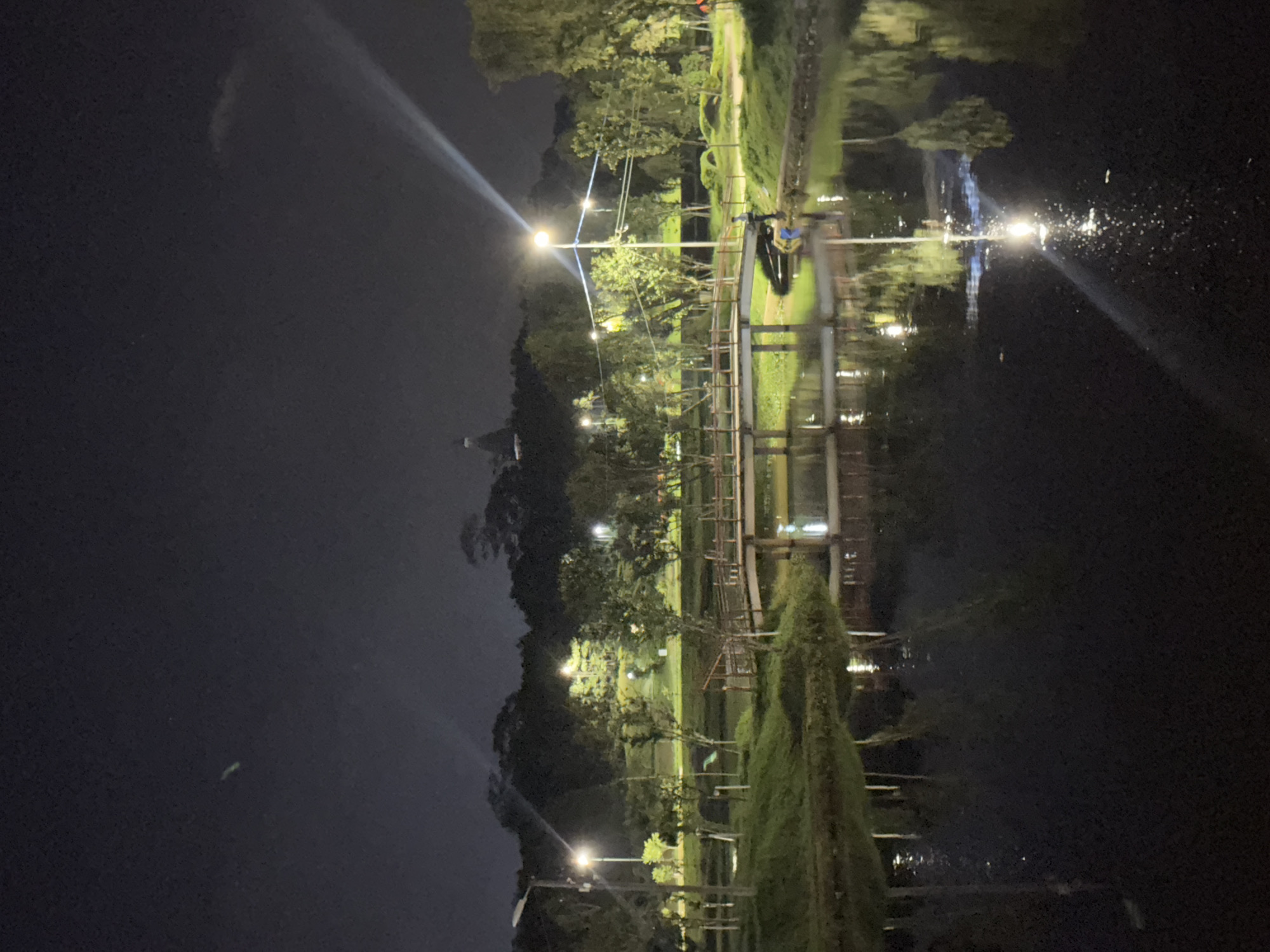 A nighttime photograph captures a serene park scene in Phường Xuân Hương - Đà Lạt, Vietnam. A calm body of water dominates the foreground, reflecting the surrounding lights and foliage. A wooden footbridge spans the water, leading to a grassy bank lined with trees and illuminated by streetlights. Two individuals are visible near the bridge, one appearing to be fishing. In the background, a gentle hill rises, dotted with trees and a distant structure. The sky above is dark, with some light streaks suggesting artificial illumination.