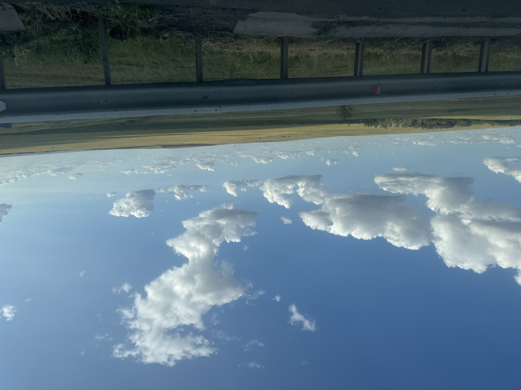 The image depicts a vast, open landscape under a bright blue sky dotted with fluffy white clouds. The foreground features a metallic guardrail, typical of a roadside, with its supporting posts partially obscured by green grass and weeds. Beyond the guardrail, rolling hills stretch into the distance, covered in a patchwork of green and golden fields, suggesting a rural or agricultural setting. A line of trees runs along the base of one of the hills, and a few scattered trees are visible in the middle ground. The horizon is a soft line where the landscape meets the sky, with faint hints of distant structures or terrain. The overall impression is one of a wide-open, natural environment bathed in daylight. While the specific location within the city of Perevolotsky, Russia is mentioned, there are no identifiable landmarks or elements in the image that would allow for precise localization to that city without additional information. The scene is devoid of people or any discernible activity.